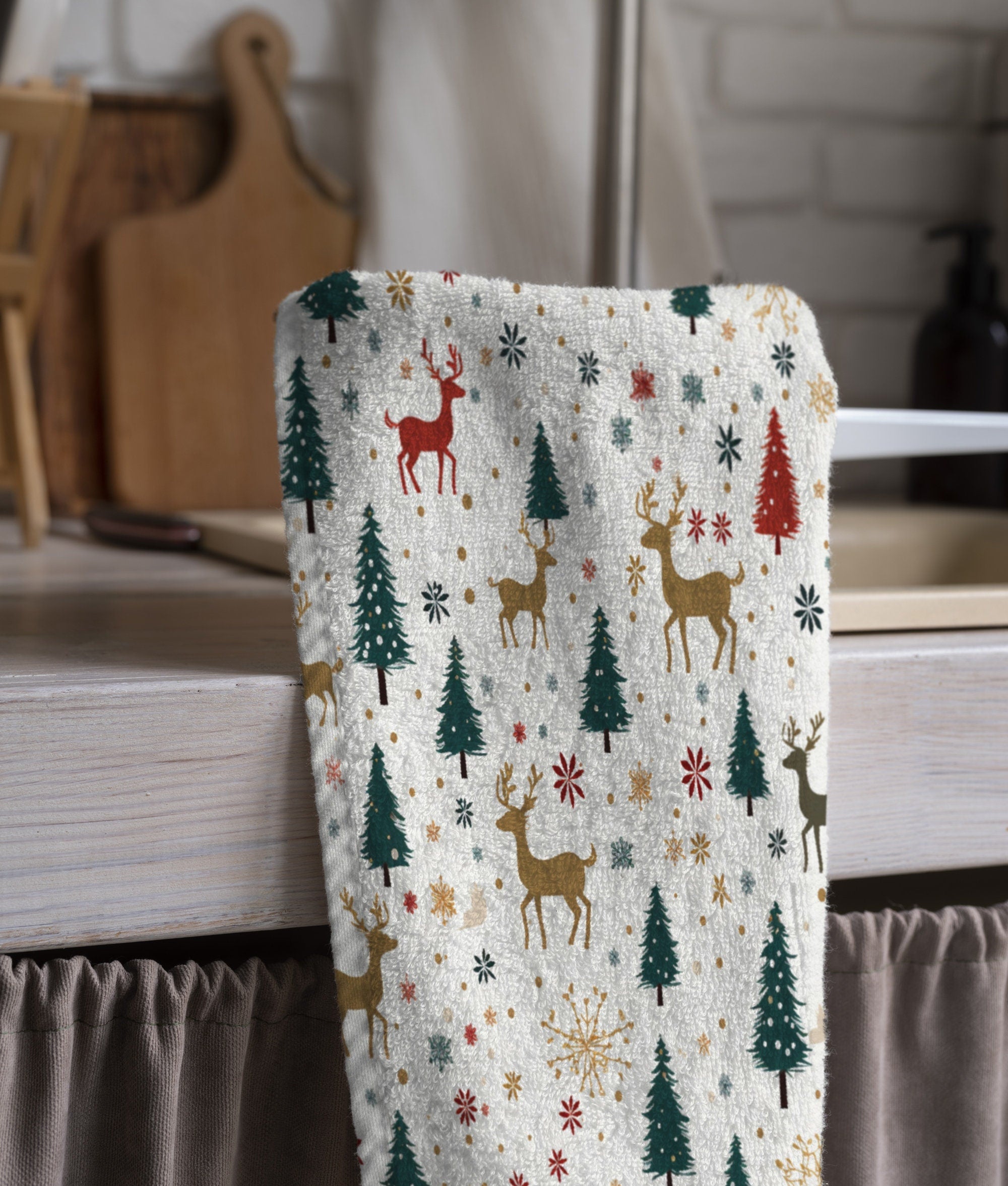 Christmas Tea Towels, Xmas Dish Towel, Christmas Santa Claus Tea Towel, Holly Pine Trees Hand Towel, Christmas Kitchen Towel