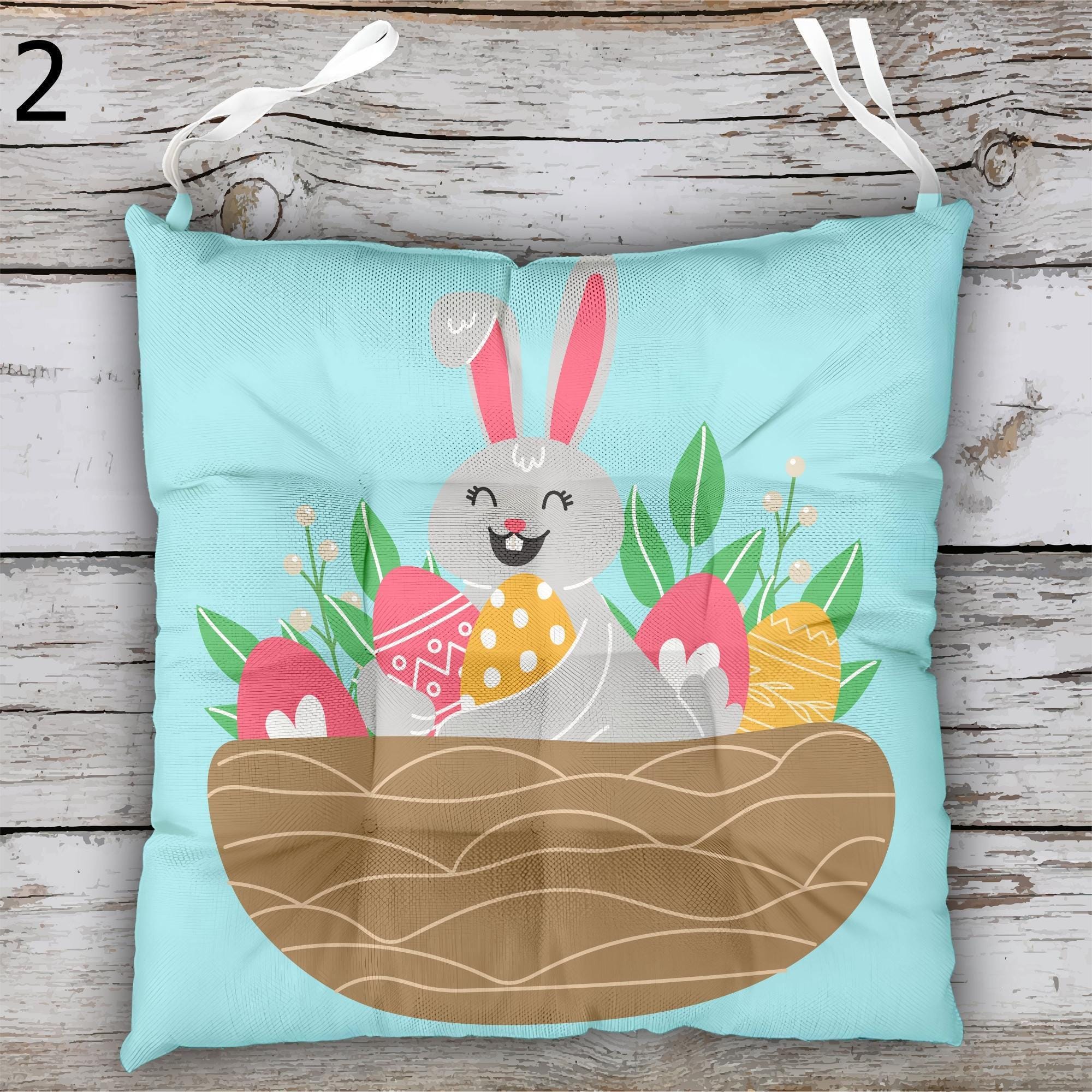 Easter Bunny Patio Cushions, Easter Chair Cushions, Colorful Easter Chair Cushions, Easter Outdoor Seat Pads, Easter Tie-On Chair Pads