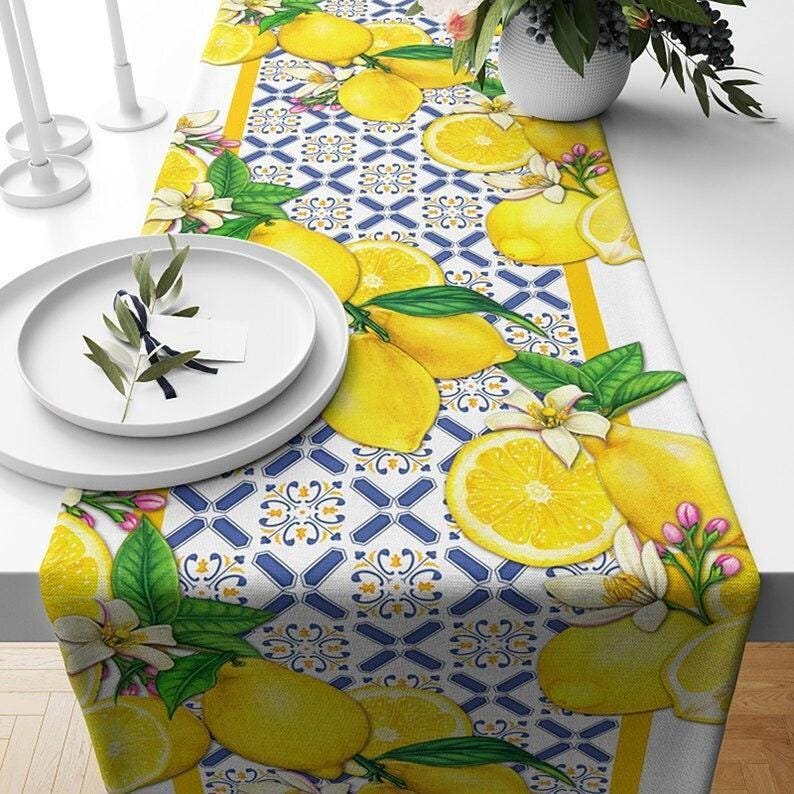 Lemon Table Runners, Yellow Lemon Table Runner, Kitchen Lemon Tablecloth, Lemon Kitchen Dining Table Runners