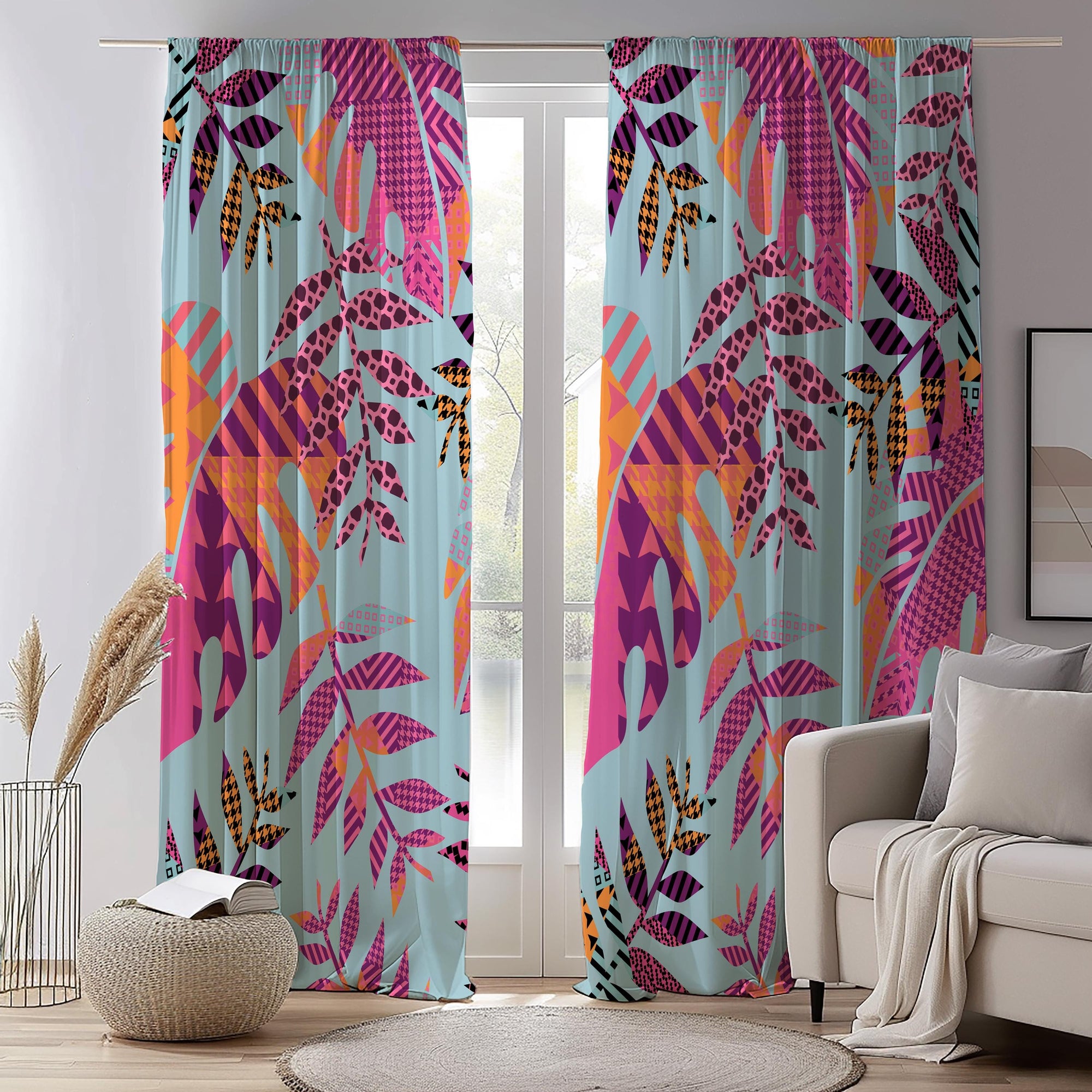 Colorful Tropical Leaf Curtains, Exotic Pink Leaves Window Curtains, Tropical Abstract Drapes, Palm Leaves Panels, Botanical Leaf Curtains