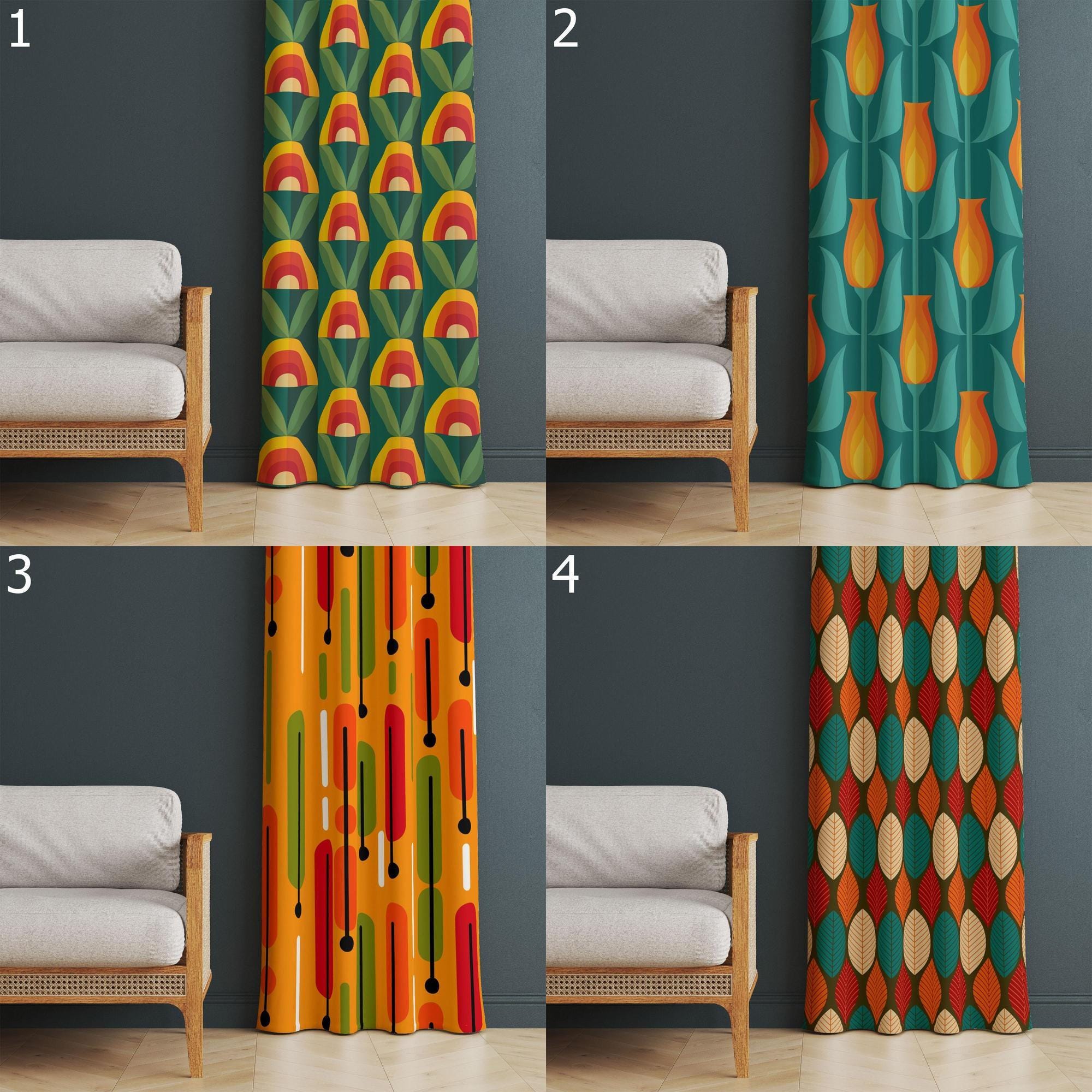 Retro Curtains, Mid-Century Modern Art Style Curtain, Retro Abstract Curtain Panel, Golden Orange 1970s Curtain, Geometric Printed Curtain