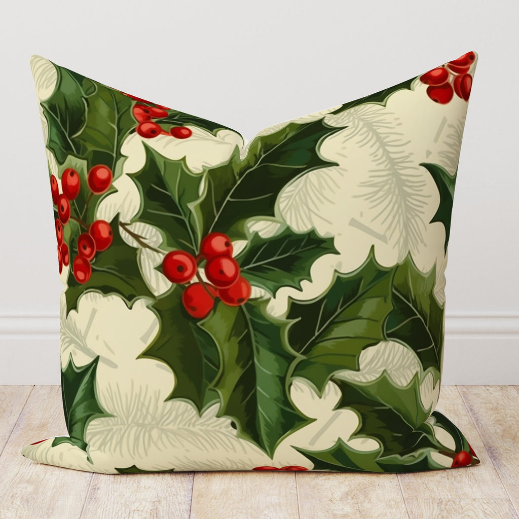 Holly Red Berry Flowers Pillow Cover, Christmas Pine Berry Cushion Cover, Floral Red Berries and Leaves Pillow Cover, Christmas Berry Pillow