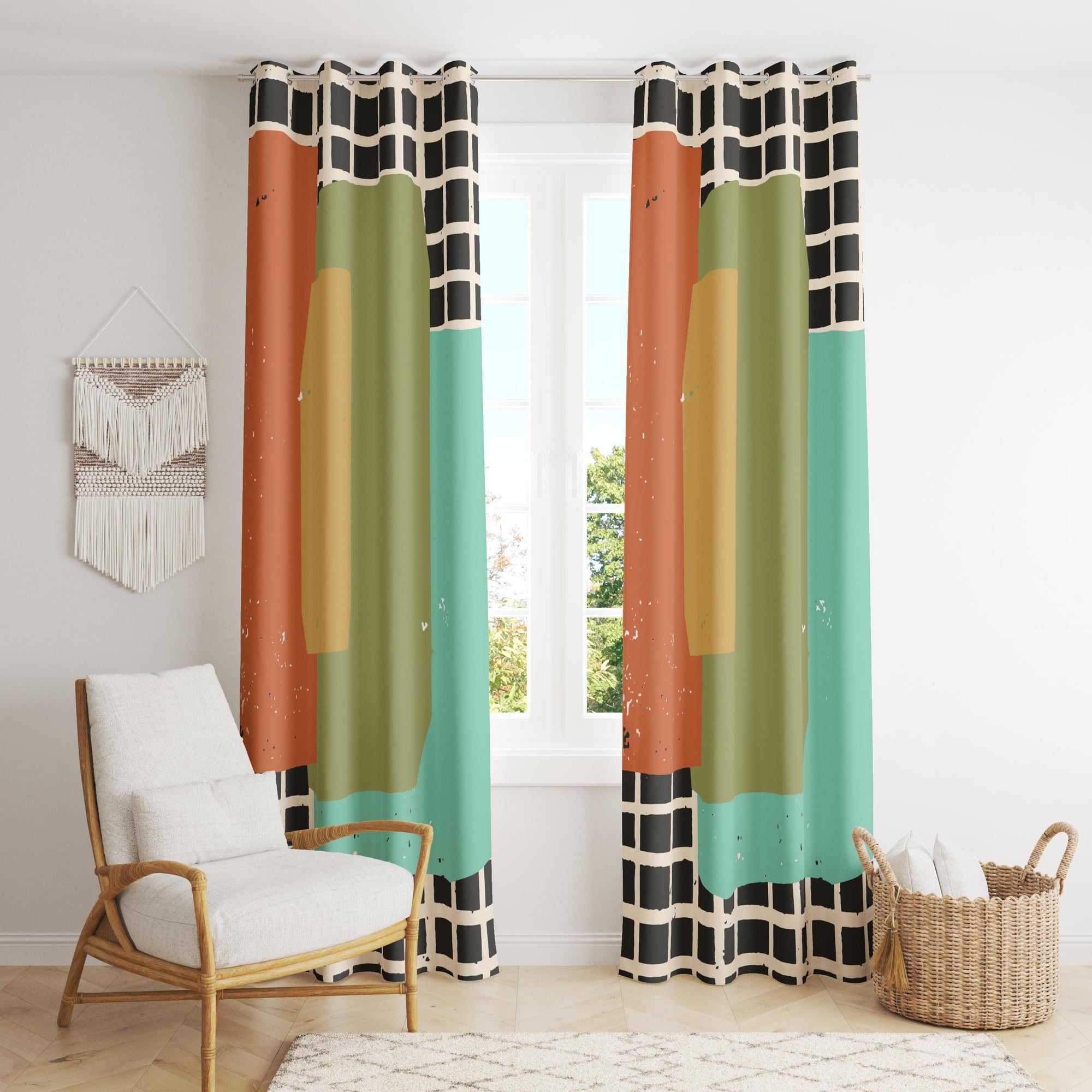 Retro Geometric Abstract Curtains, Retro Modern Art Print Drapes, Mid Century Window Curtains, 70s Retro Boho Curtains, MCM Grommet Curtain
