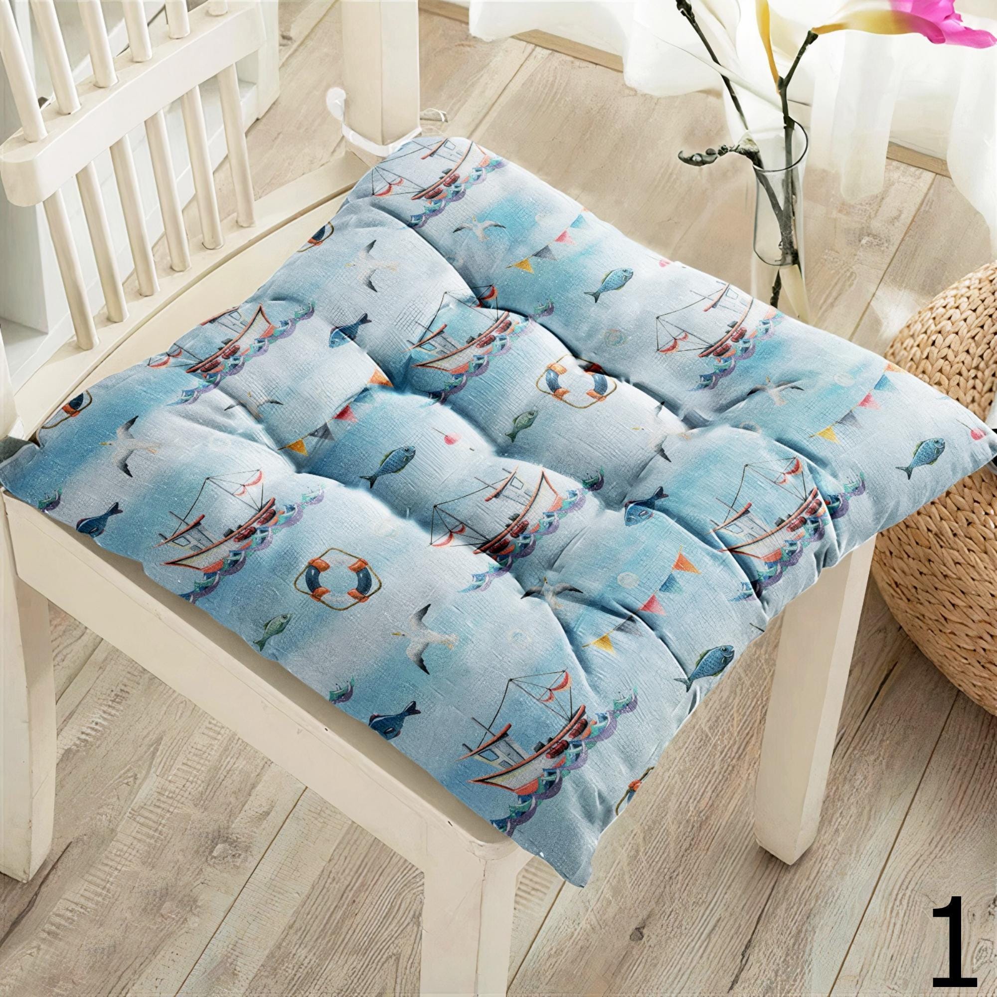 Vintage Nautical Chair Cushions, Sailboat & Anchor Print Seat Pads, Coastal Marine Theme Chair Pillows, Ocean Style Decor Chair Pads