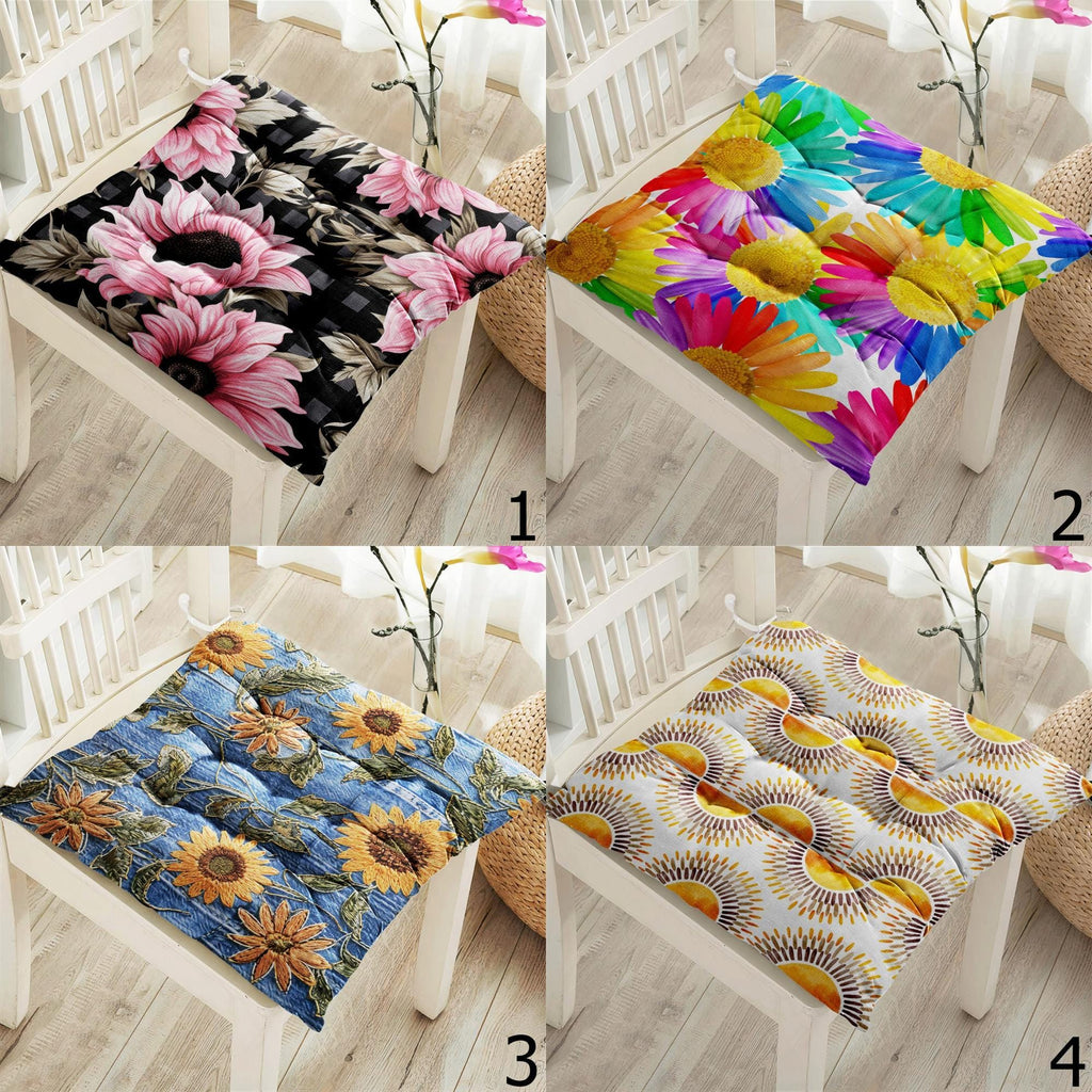 Floral Chair Pads, Sunflower & Daisy Seat Cushions, Colorful Flower Kitchen Patio Pillows, Multicolored Floral Chair Cushions