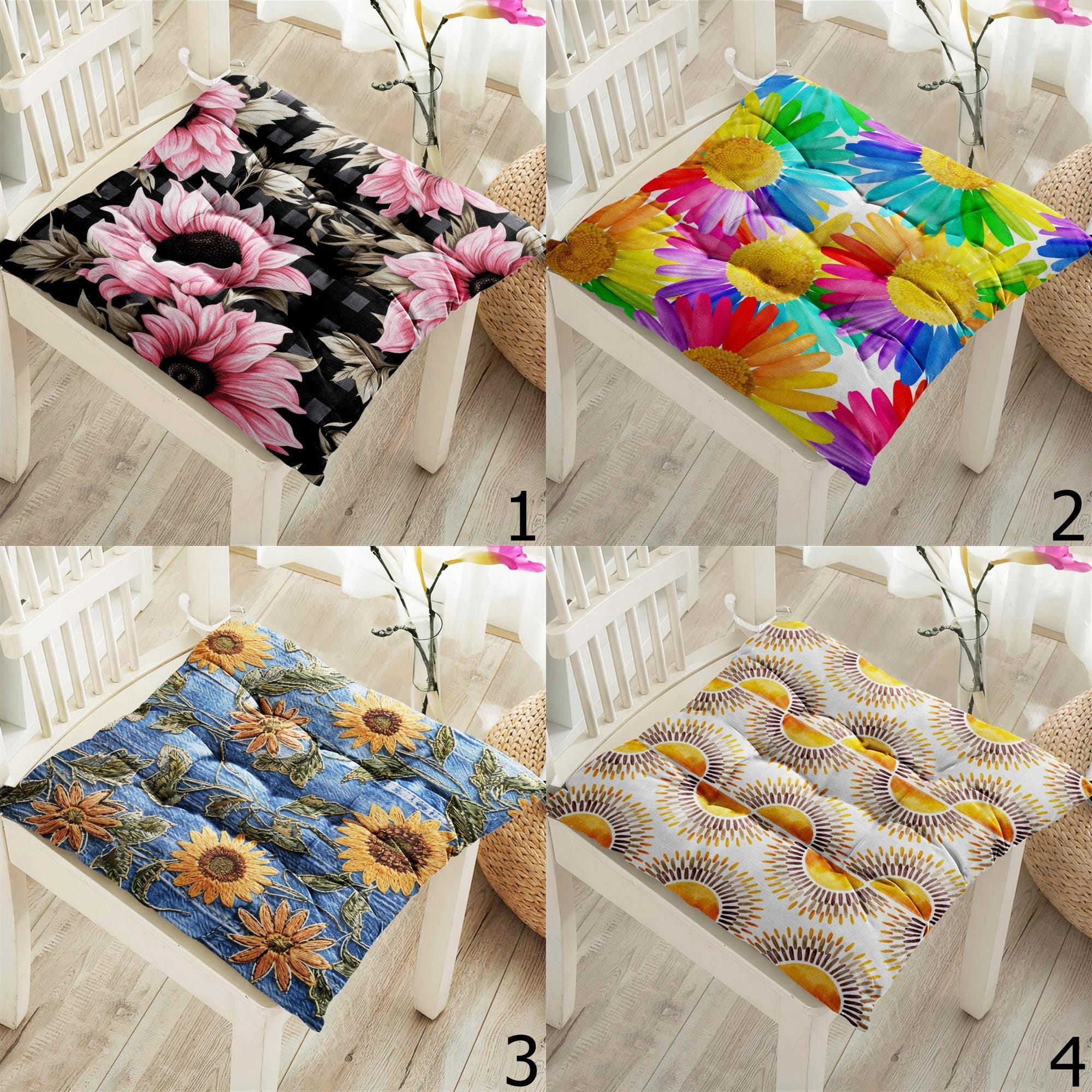 Floral Chair Pads, Sunflower & Daisy Seat Cushions, Colorful Flower Kitchen Patio Pillows, Multicolored Floral Chair Cushions