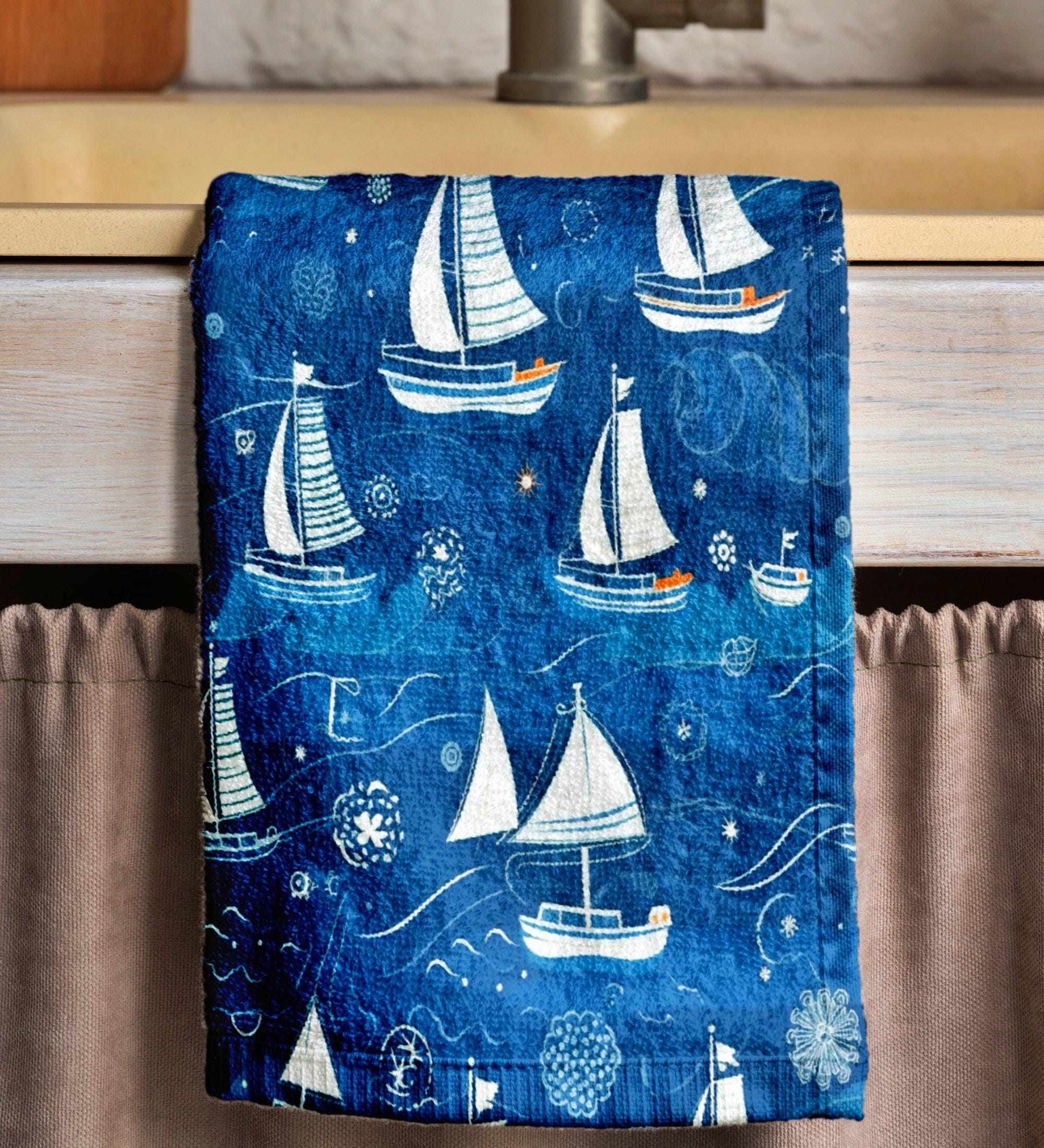 Marine Tea Towels, Vintage Sailing Ship Dish Towels, Nautical Kitchen Gifts, Navy Nautical Hand Towels, Marine Kitchen Fingertip Towels