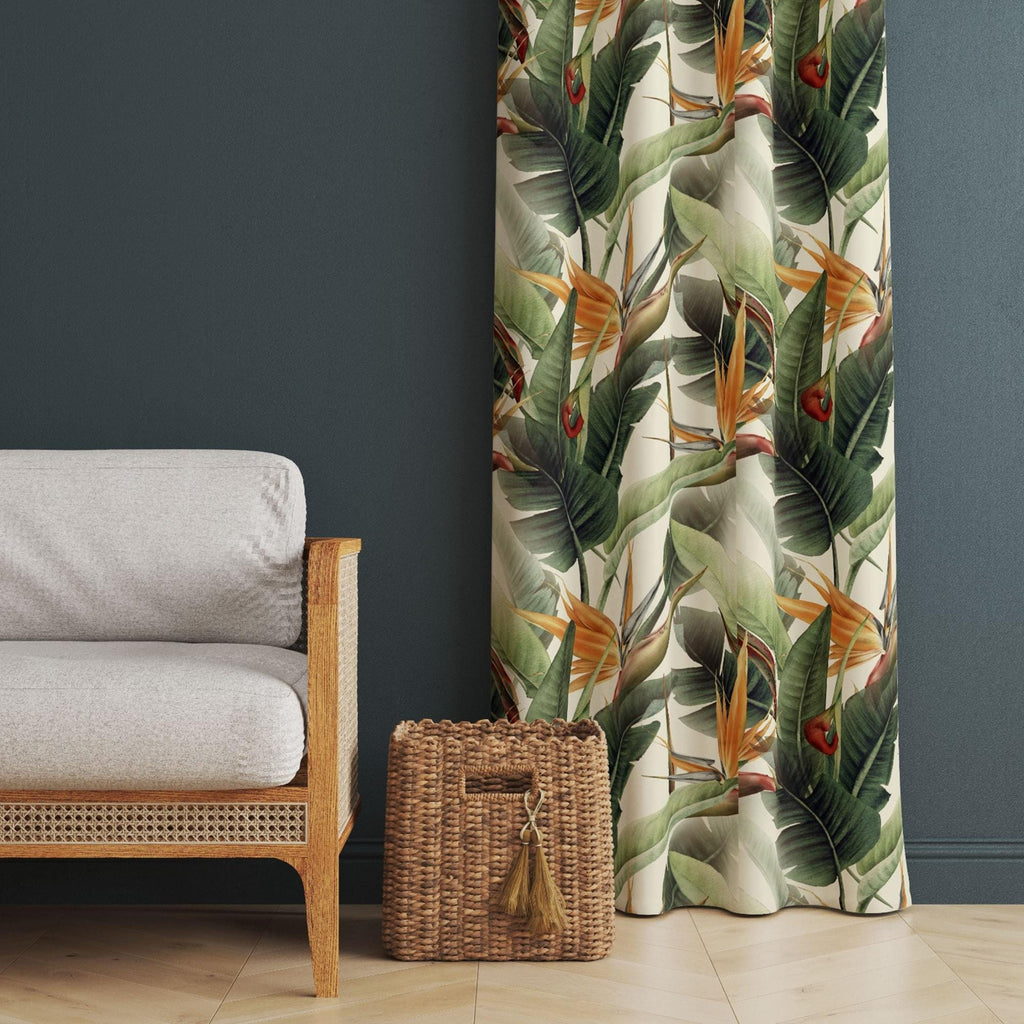 Tropical Window Curtains, Paradys Green Curtains, Botanical Green Leaves Curtain, Tropical Orange Flowers Curtains, Botanical Print Drapes