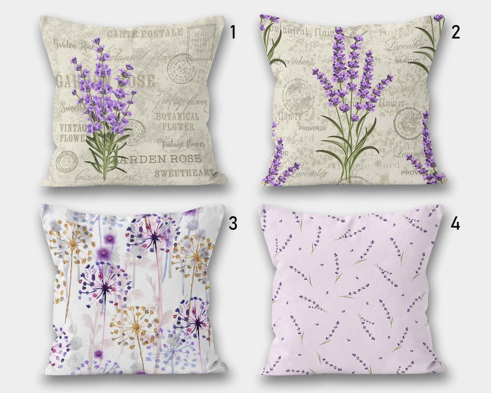 Lavender Flower Pillow Covers, Vintage Botanical Cushion Covers, French Country Floral Throw Pillow Cover, Shabby Chic Home Decor