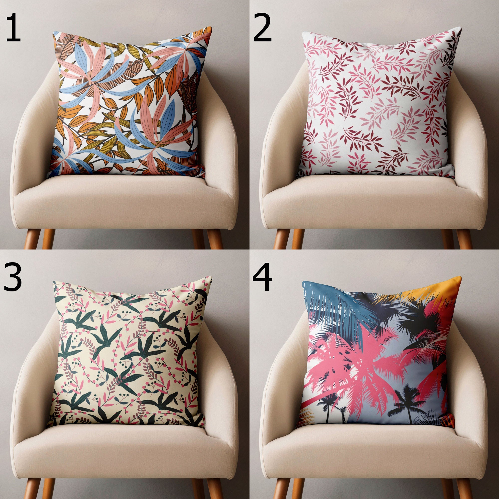 Colorful Botanical Leaves Cushion Cover, Tropical Leaves Pillow Covers, Pink Exotic Plant Leaves Pillowcases, Botanical Leaf Pillow Covers