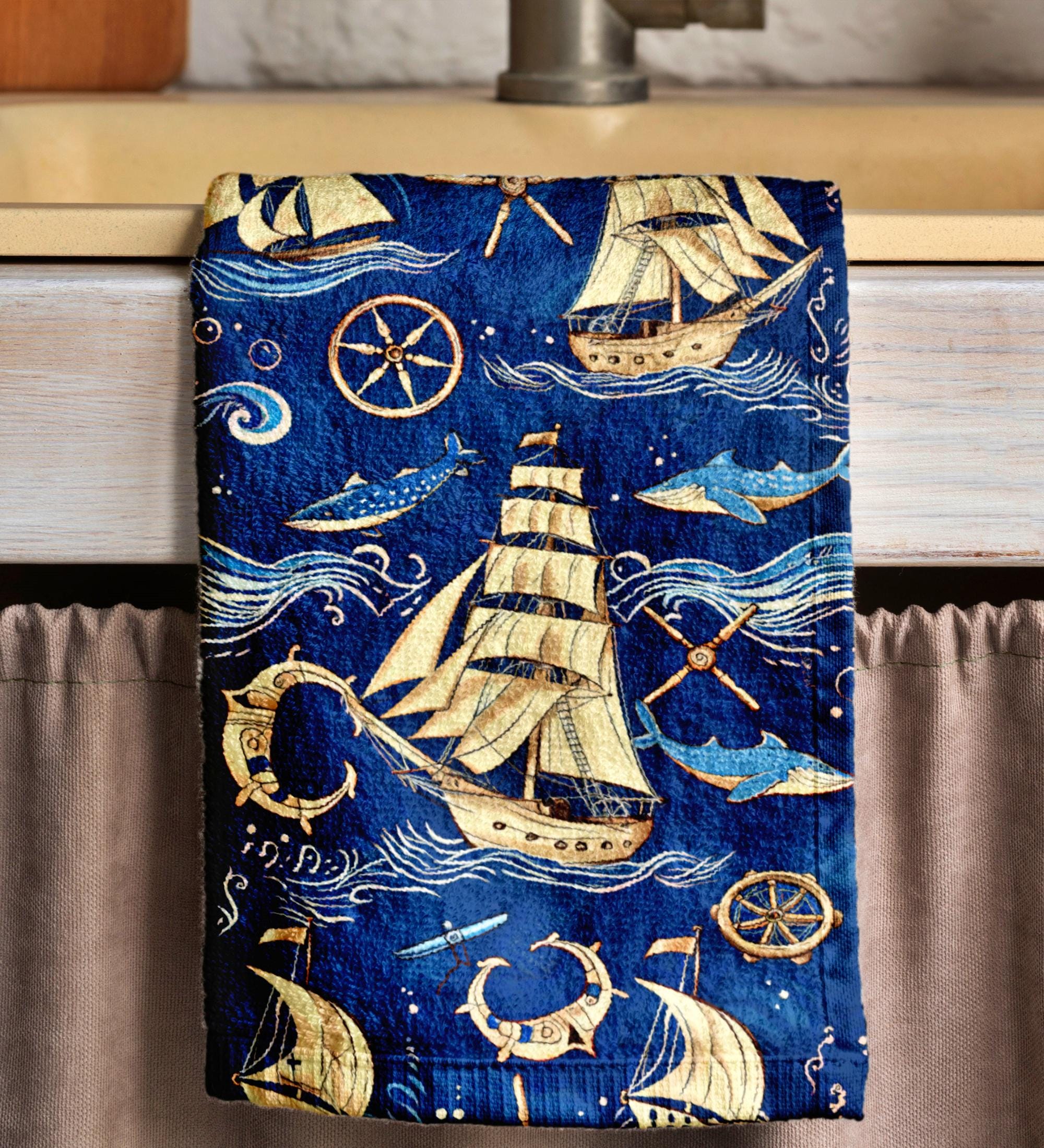 Vintage Sailboat Tea Towels, Nautical Tea Towels, Sailor Dish Towel, Maritime Print Hand Towels, Coastal Fingertip Towels, Ocean Hand Towels