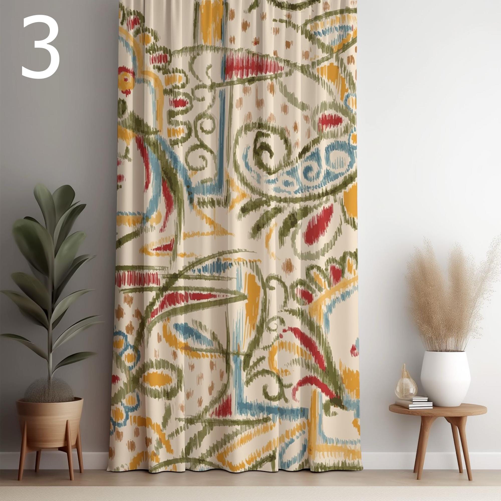 Bohemian Ikat Curtain Panels, Abstract Ethnic Drapes, Artistic Window Curtains, Vintage Eclectic Grommet Panels, Moroccan Style Drapes