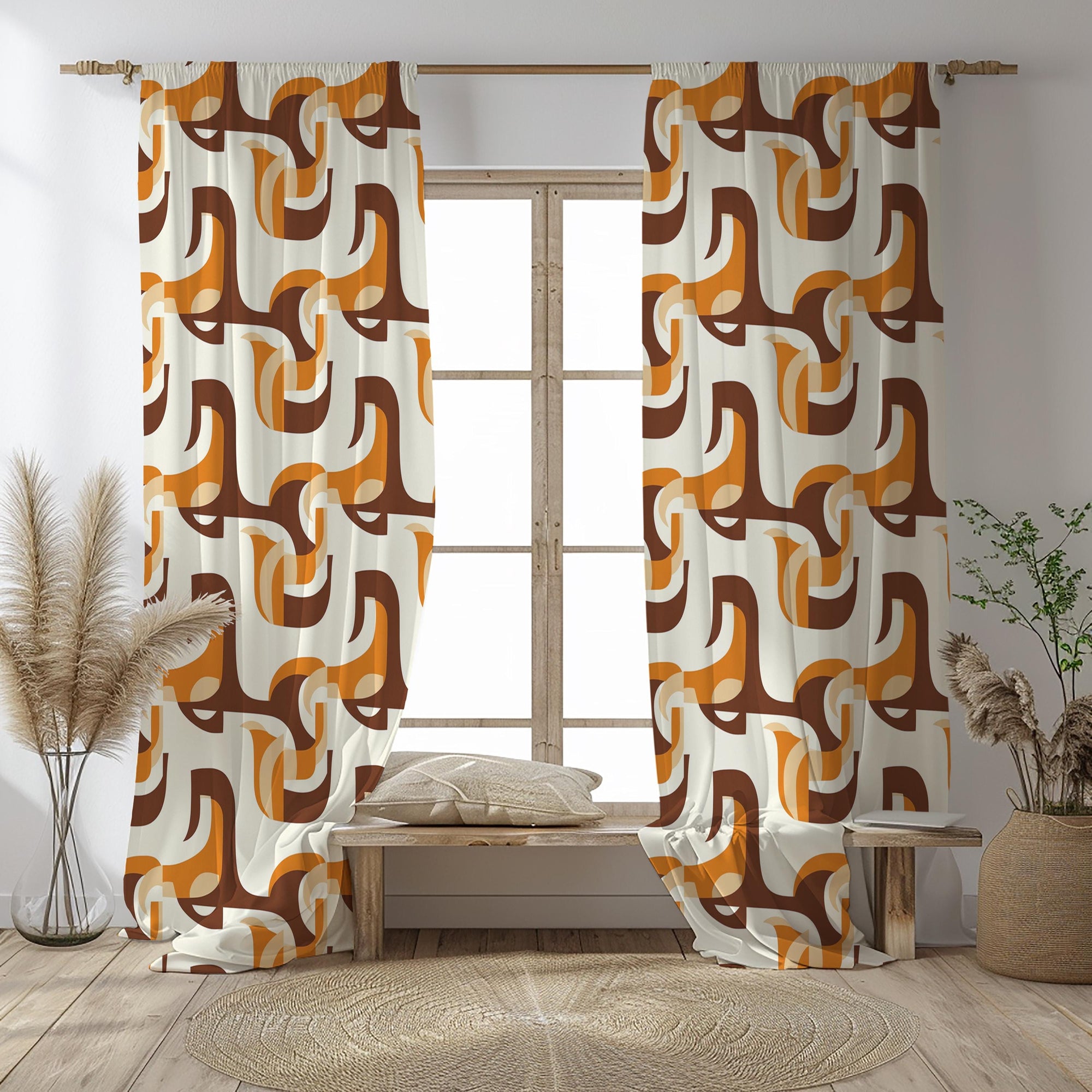 Mid Century Modern Window Curtains, Retro Curtain Panels, MCM Print Curtain, Orange Retro Style Living Room Curtain, 70s Retro Curtains