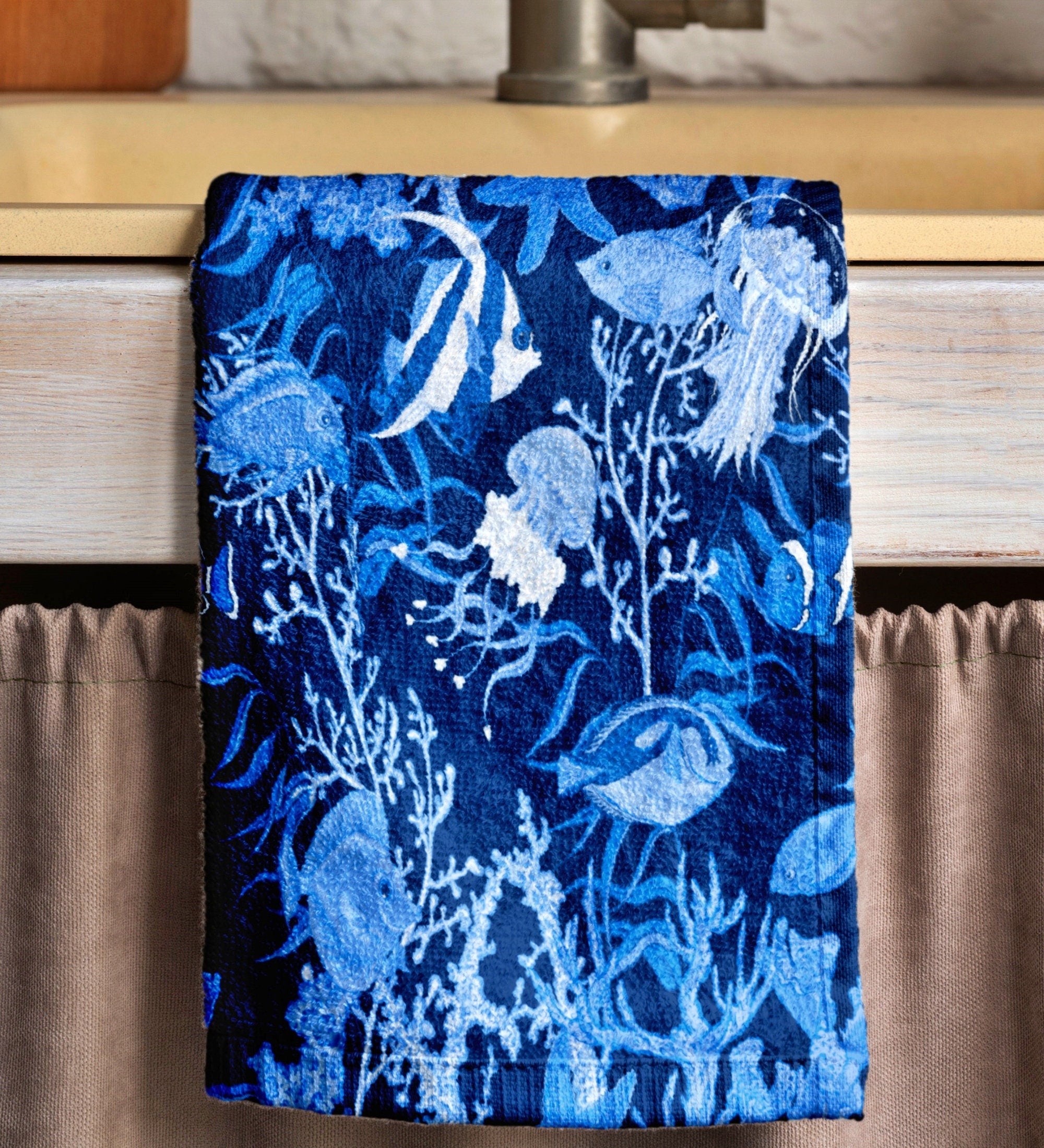 Coral Pattern Tea Towel, Ocean Themed Hand Towel, Deep Sea Dish Towel, Nautical Tea Towel, Kitchen Tea Towel, Coastal Kitchen Towel