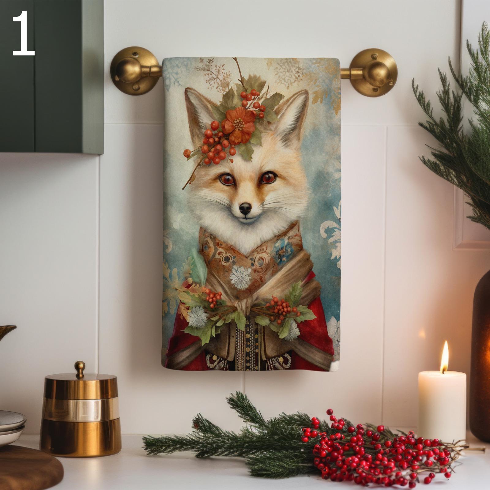 Christmas Fox Tea Towel, Xmas Dog Tea Towels, Cute Fox Dish Towels, Christmas Dog Dish Towel, Xmas Animals Tea Towel, Winter Animals Towels