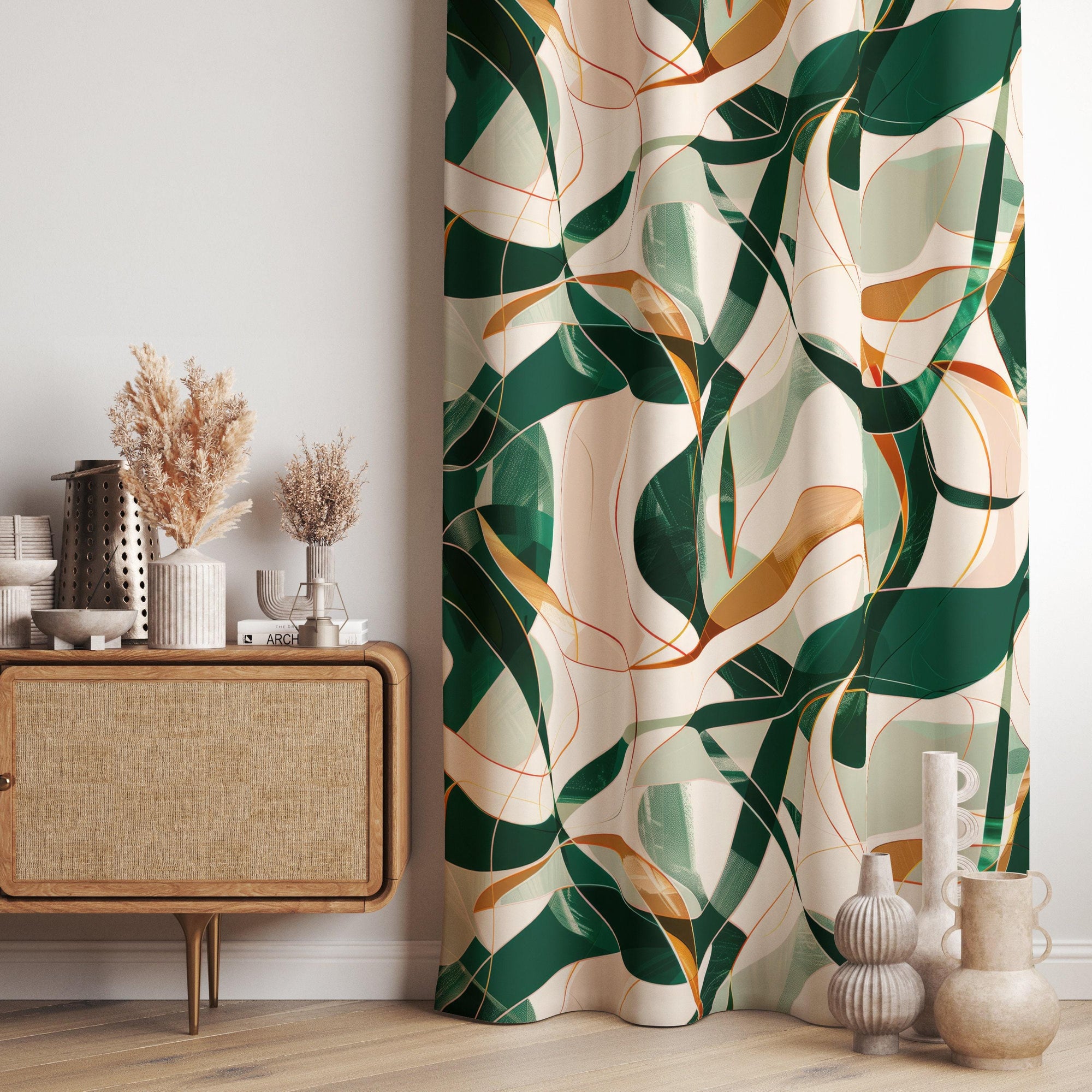 Abstract Curtain Panels, Green Orange Modern Abstract Print Curtains, Emerald Lines Abstract Style Living Room Drapes