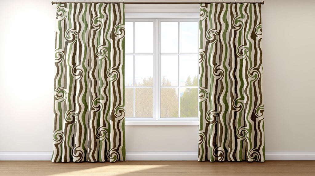 Wavy Retro Curtain Panel, Olive Green Boho Drapes, Modern Abstract Window Panels, Earthy Mid Century Style Curtain