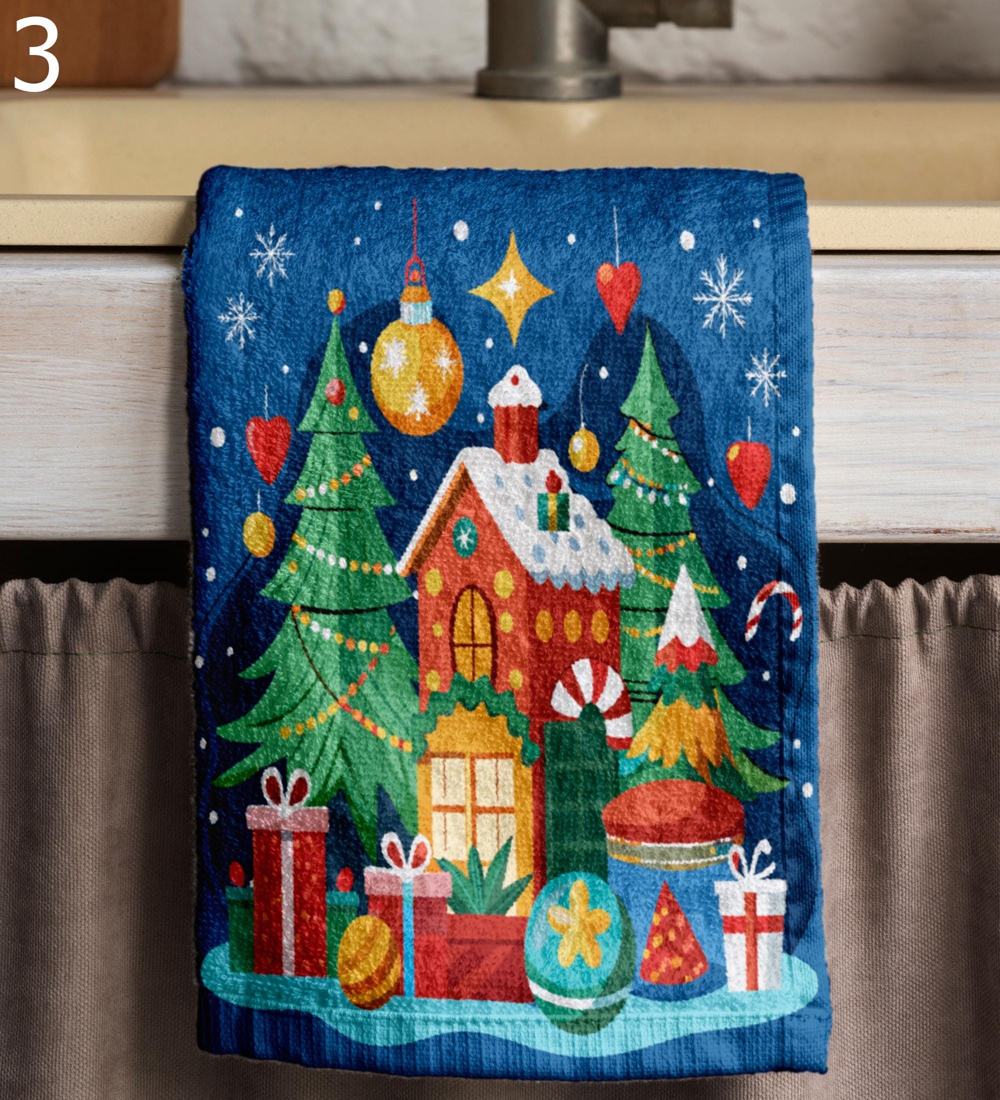 Mery Christmas Tea Towel, Xmas Pine Tree Tea Towel, Christmas Cane Kitchen Towel, Xmas Kitchen Decor Hand Towel, Christmas House Tea Towels