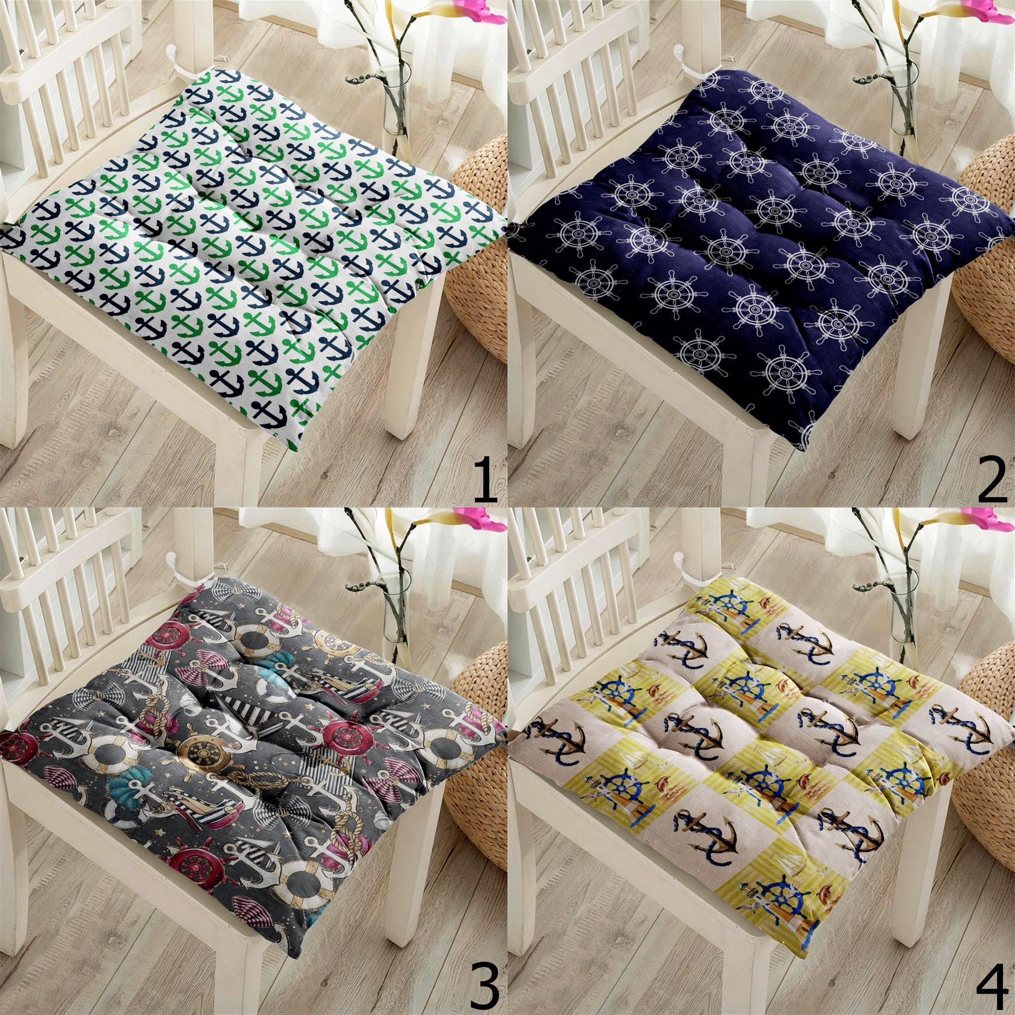 Nautical Anchor Chair Pad, Ocean Chair Cushion with Ties, Marine Chair Pads with Ties, Coastal Patio Chair Cushions, Summer Chair Cushions