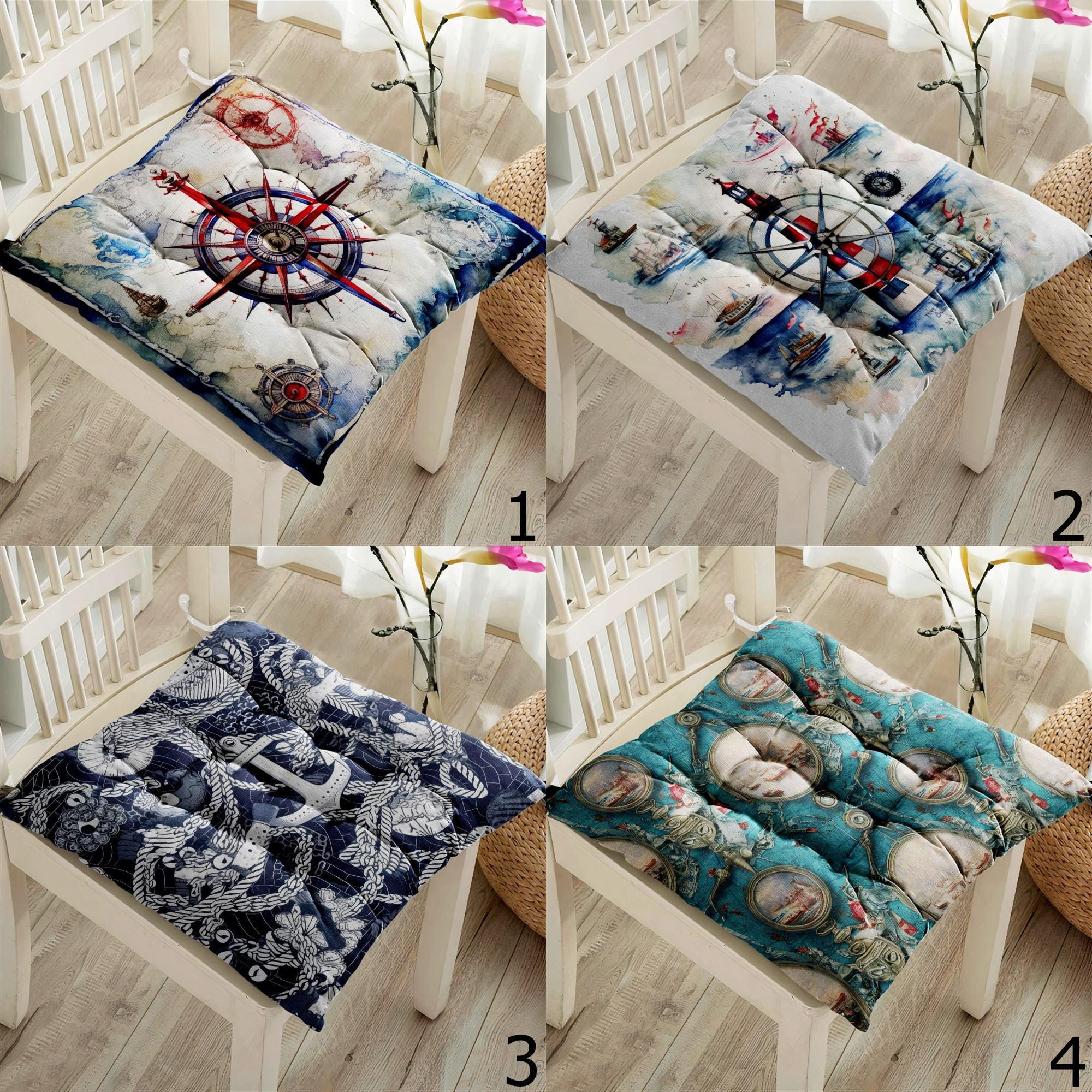 Nautical Square Chair Pad, Ocean Chair Cushion with Ties, Marine Chair Pads with Ties, Coastal Patio Chair Cushions, Summer Chair Cushions