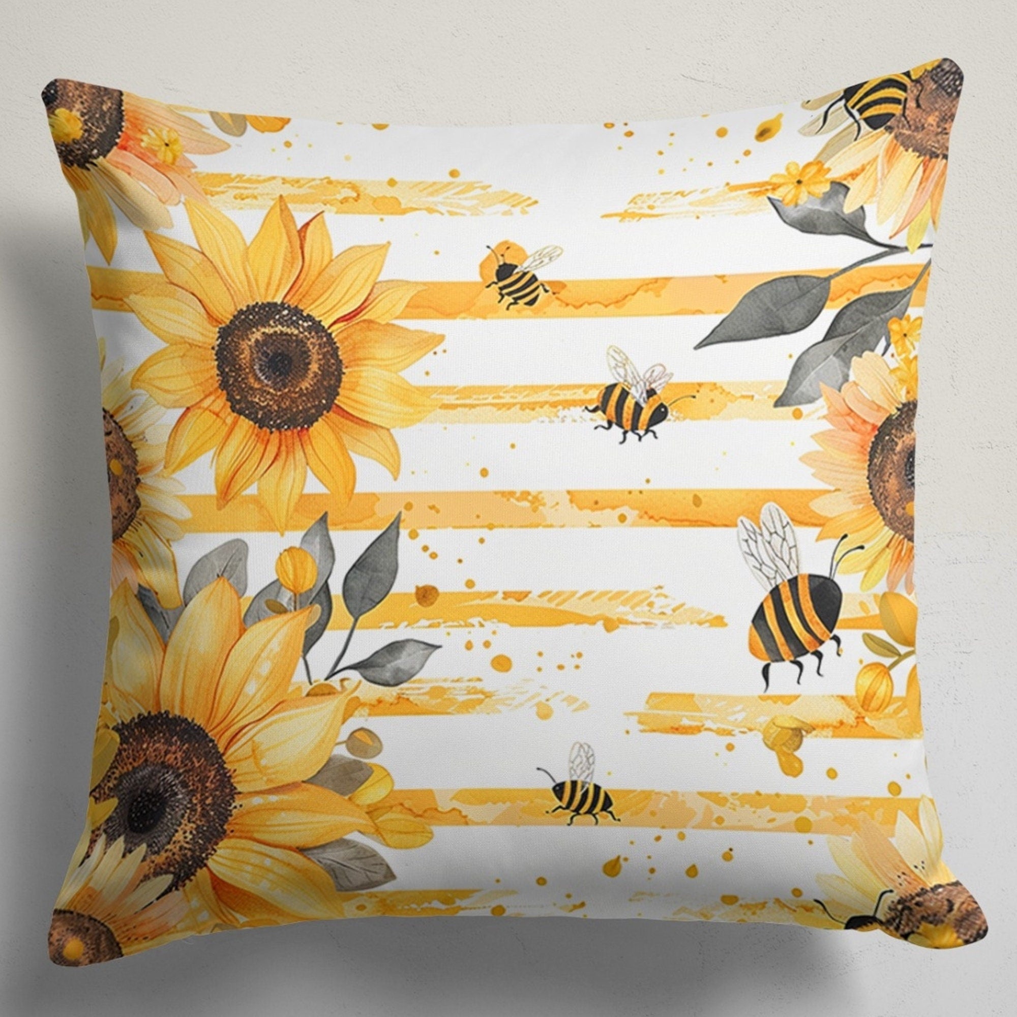 Sunflowers and Bee Pillow Cover, Bee Throw Pillow Cover, Summer Decor Pillow Cover, Sunflower Pillow Case, Sunflower Accent Cushion Cover