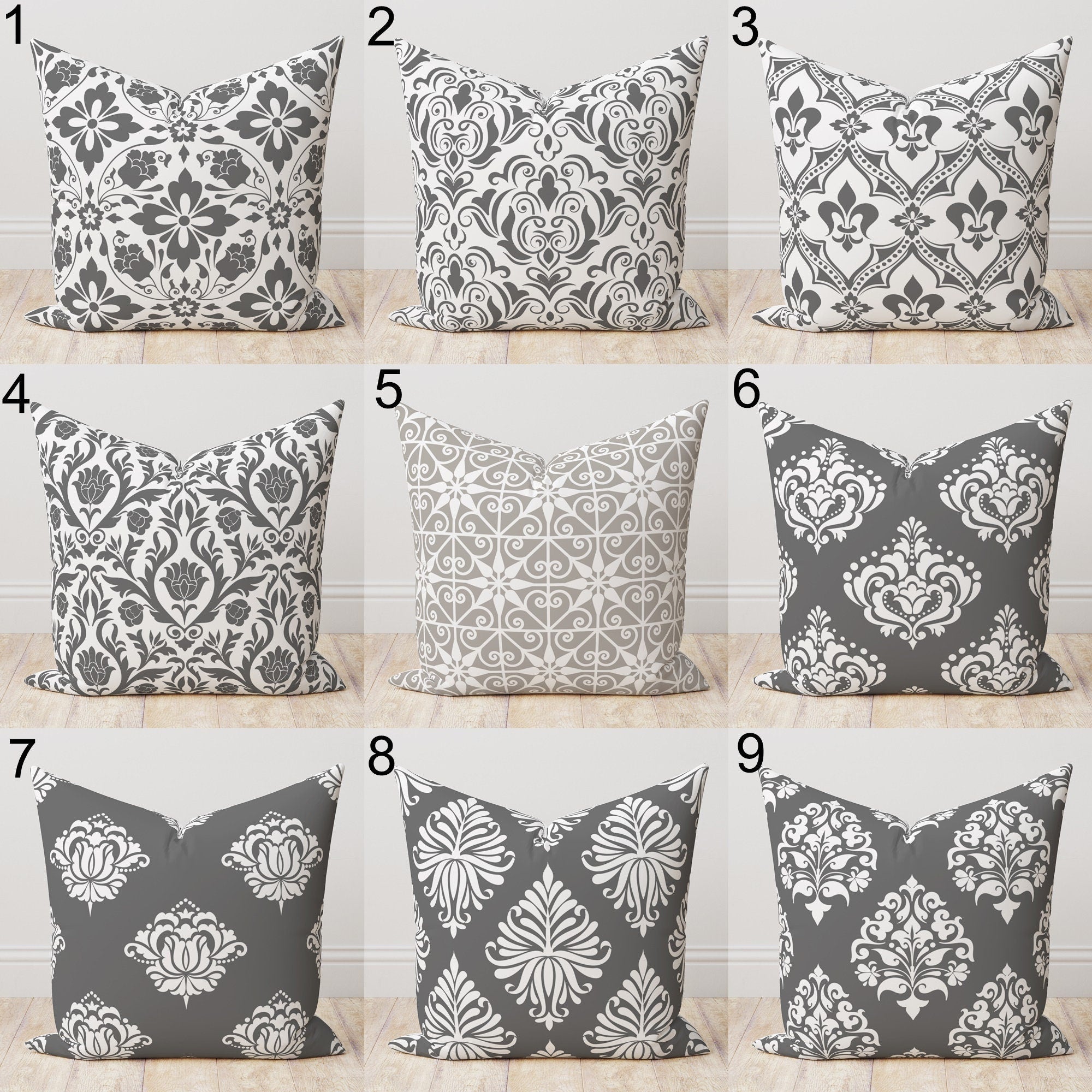 Modern Vintage Floral Pillow Cover, Country Farmhouse Vintage Grey Floral Cushion Cover, Grey Pillow Covers 18x18, Grey Throw Pillows