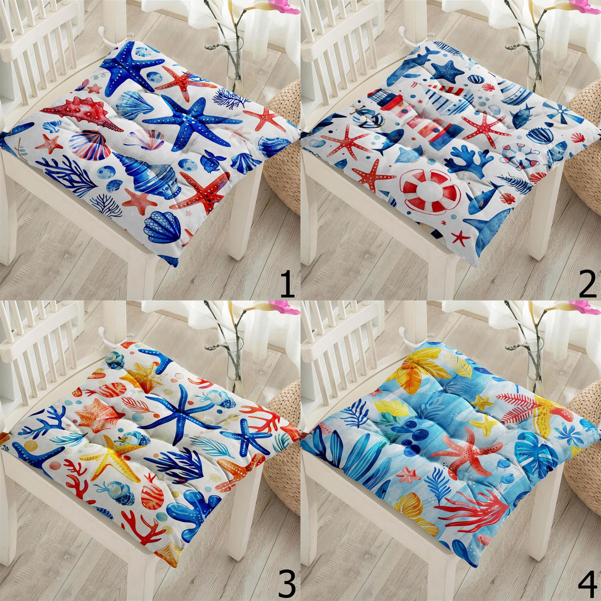Coastal Sea Life Chair Pads, Nautical Ocean Seat Cushions, Starfish Coral Design Summer Patio Cushions, Beach Home Chair Cushions