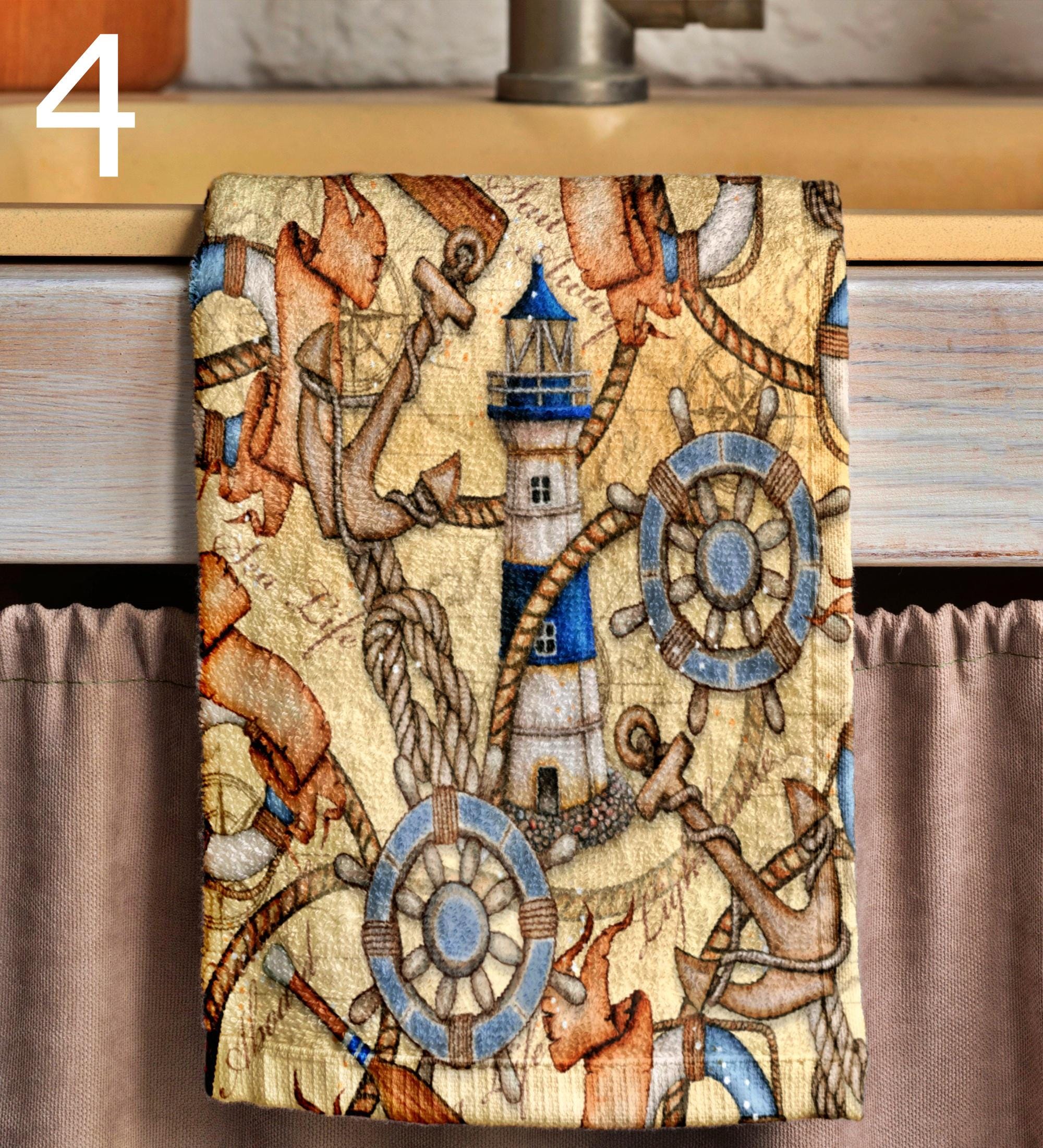 Sailor Tea Towels, Vintage Sailing Ship Dish Towel, Nautical Kitchen Towels, Nautical Hand Towels, Old Sailboat Kitchen Fingertip Towels