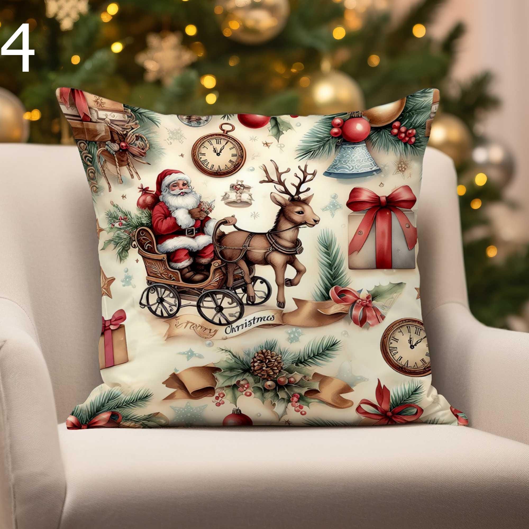 Christmas Deer and Santa Claus Decor Cushion Cover, Christmas Candy Stick Pillowcase,  Xmas Ornaments Cushion Cover, Xmas Throw Pillow Cover