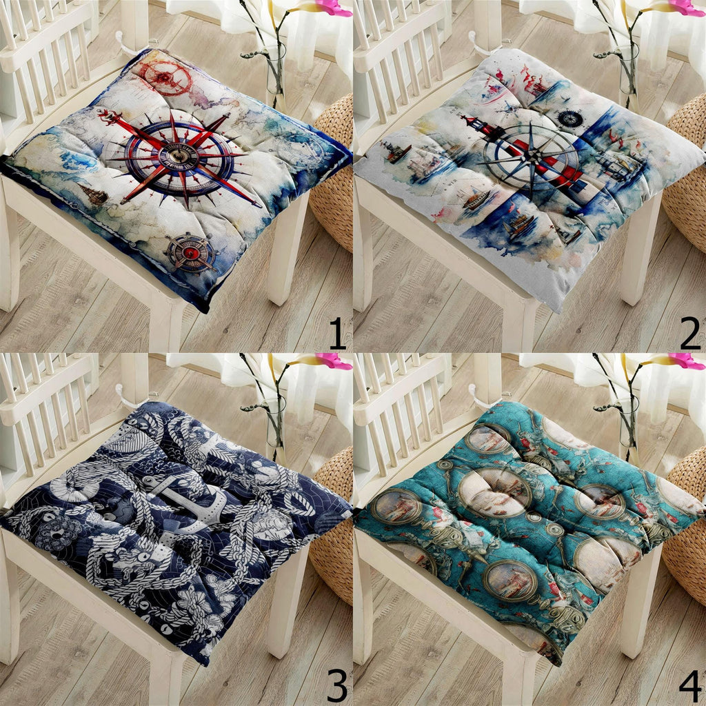 Nautical Square Chair Pad, Ocean Chair Cushion with Ties, Marine Chair Pads with Ties, Coastal Patio Chair Cushions, Summer Chair Cushions
