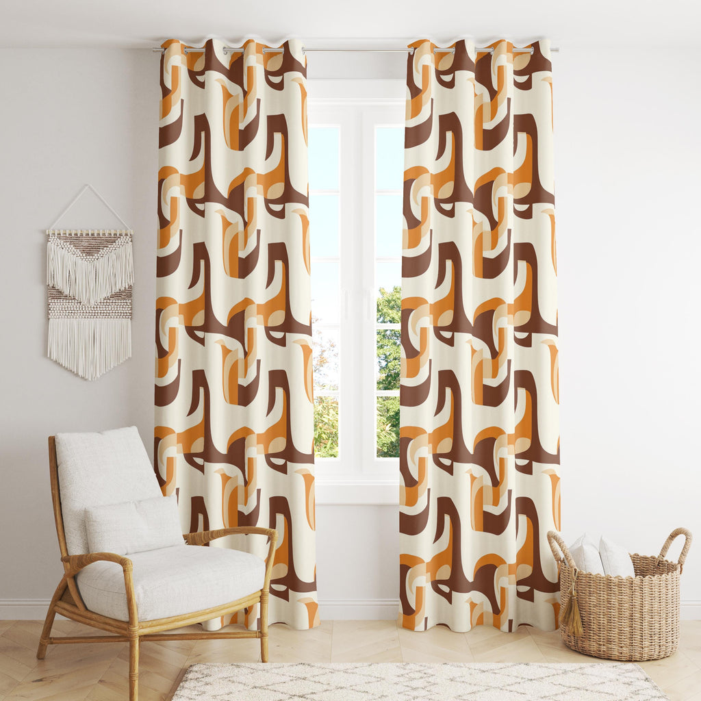 Mid Century Modern Window Curtains, Retro Curtain Panels, MCM Print Curtain, Orange Retro Style Living Room Curtain, 70s Retro Curtains