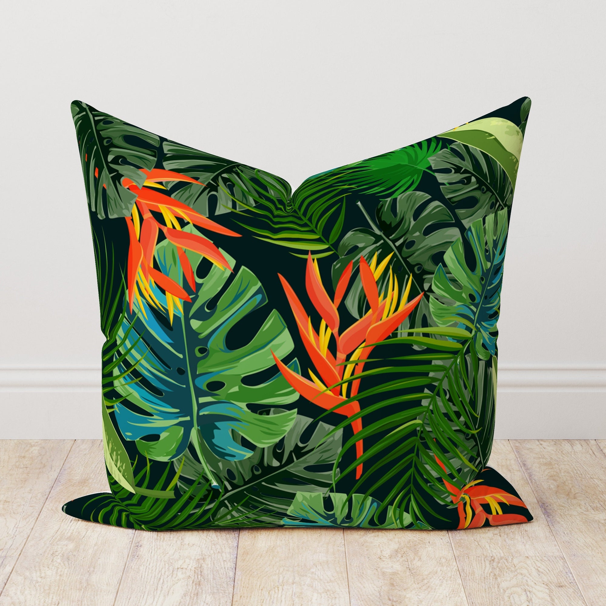 Exotic Flowers Pillowcase, Tropical Green Leaves Pillow Cover, Botanical Cushion Cover, Bird of Paradise Tropic Flowers Throw Pillow Cover