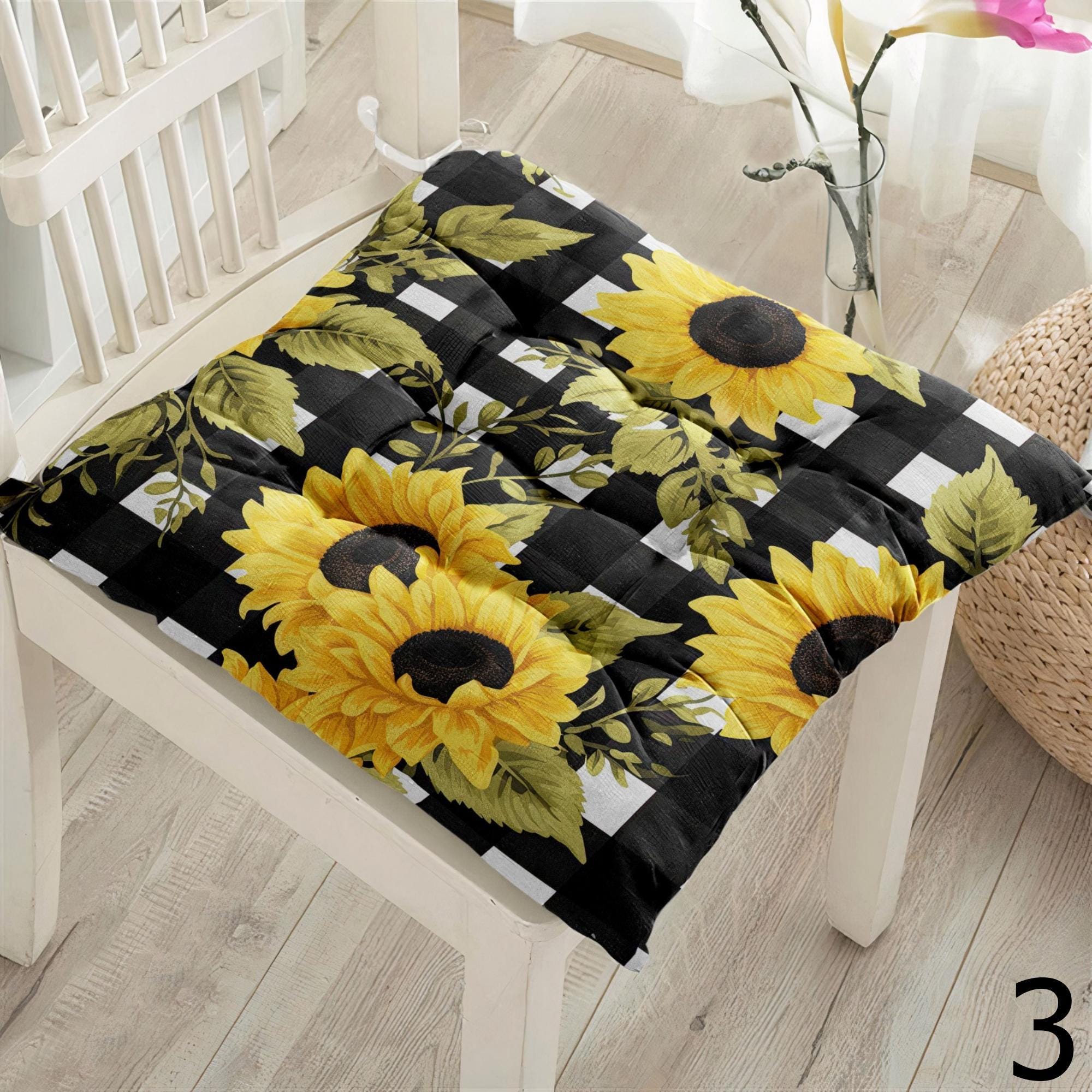 Sunflower Seat Pads, Floral Chair Cushions, Country Style Kitchen Chair Pillow, Rustic Flower Chair Pads, Indoor Outdoor Sunflower Cushions