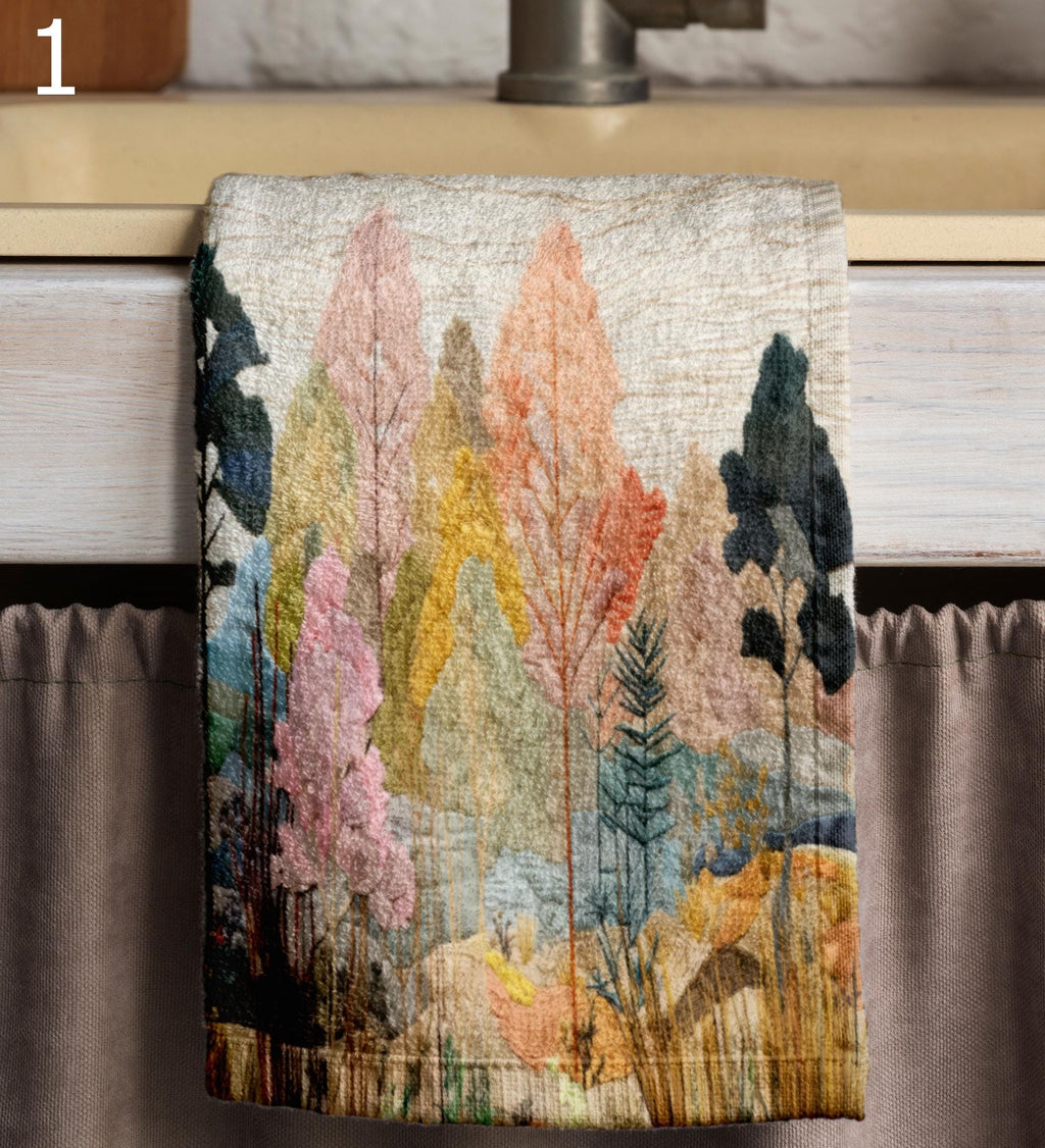 Fall Tea Towels, Autumn Landscape Tea Towels, Autumn Printed Dish Towels, Fall Abstract Dish Towel, Fall Landscape Kitchen Towels