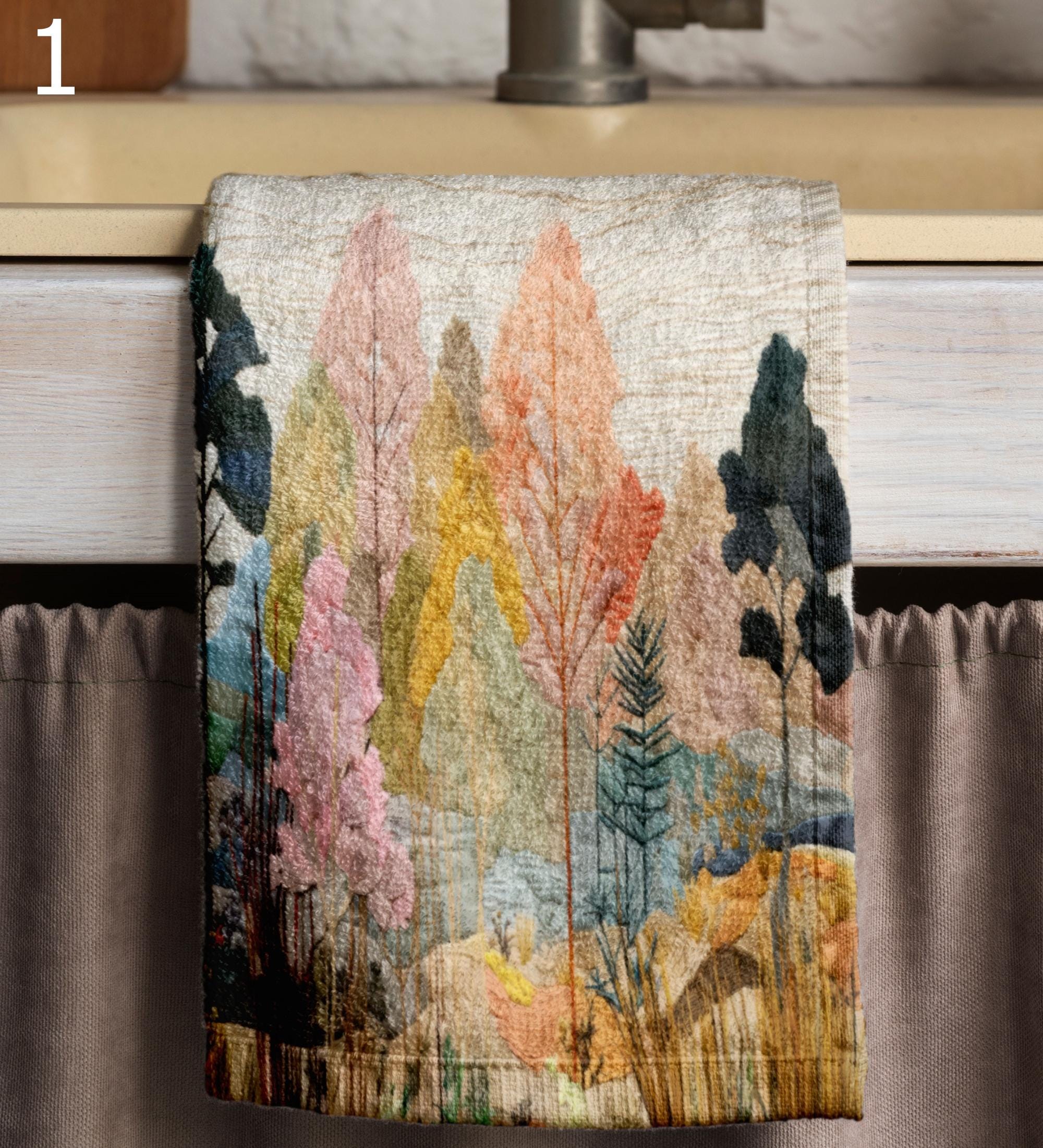 Fall Tea Towels, Autumn Landscape Tea Towels, Autumn Printed Dish Towels, Fall Abstract Dish Towel, Fall Landscape Kitchen Towels