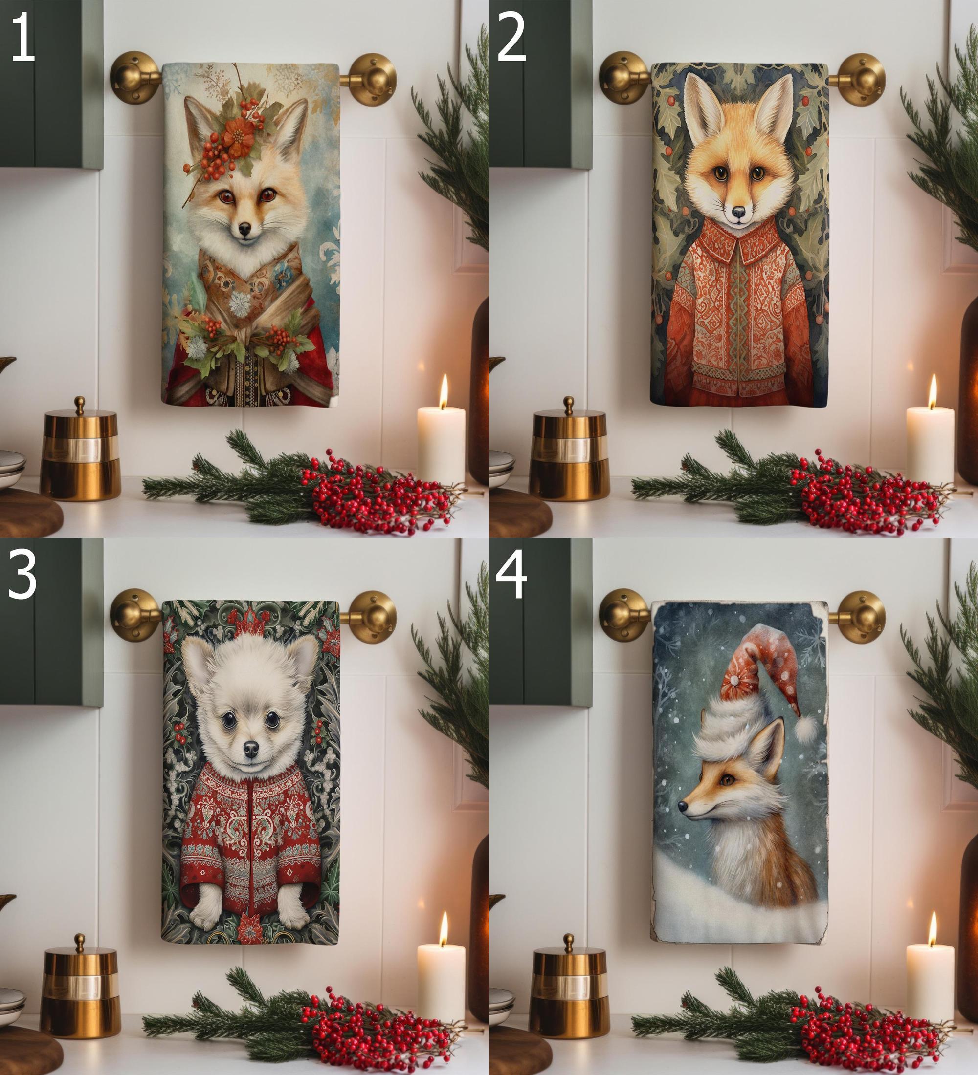 Christmas Fox Tea Towel, Xmas Dog Tea Towels, Cute Fox Dish Towels, Christmas Dog Dish Towel, Xmas Animals Tea Towel, Winter Animals Towels