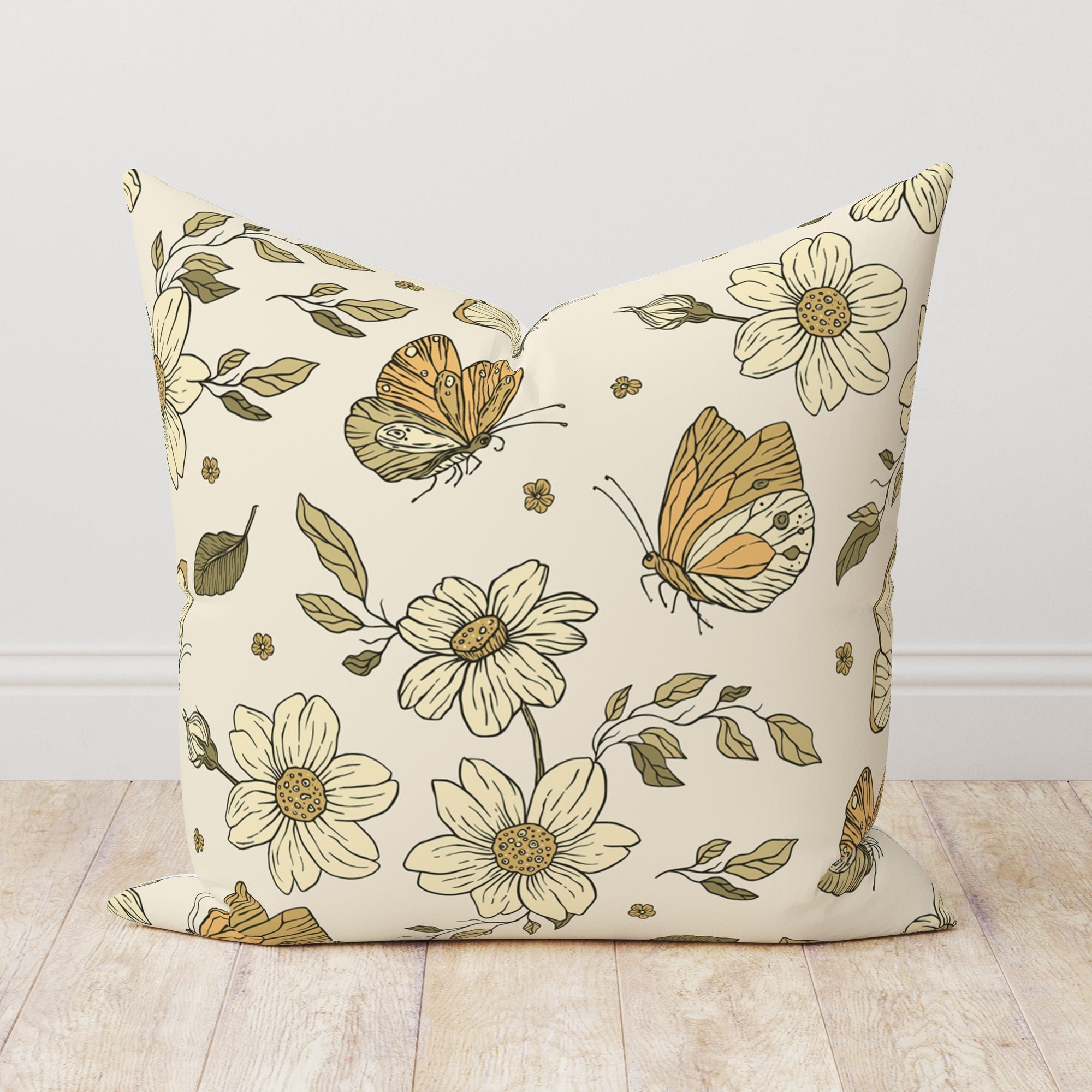 Modern Vintage Floral Throw Pillow Cover, Farmhouse Floral Boho Pillow Covers, Floral Pillow Cover, Yellow Floral Cushion Cover