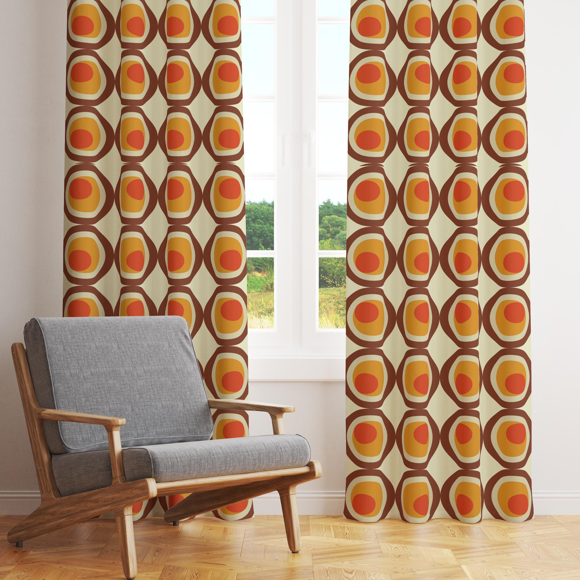 Retro Curtains, Mid Century Modern Window Curtains, 70s Retro Orange Curtain, MCM Curtain, Retro Vintage Print Drapes, 60s, 80s Curtains