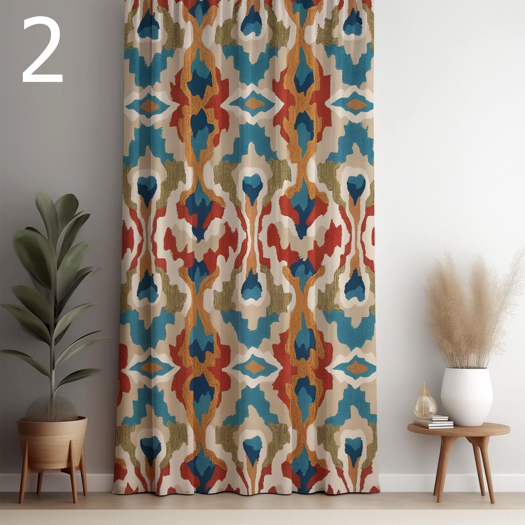 Bohemian Ikat Curtain Panels, Abstract Ethnic Drapes, Artistic Window Curtains, Vintage Eclectic Grommet Panels, Moroccan Style Drapes