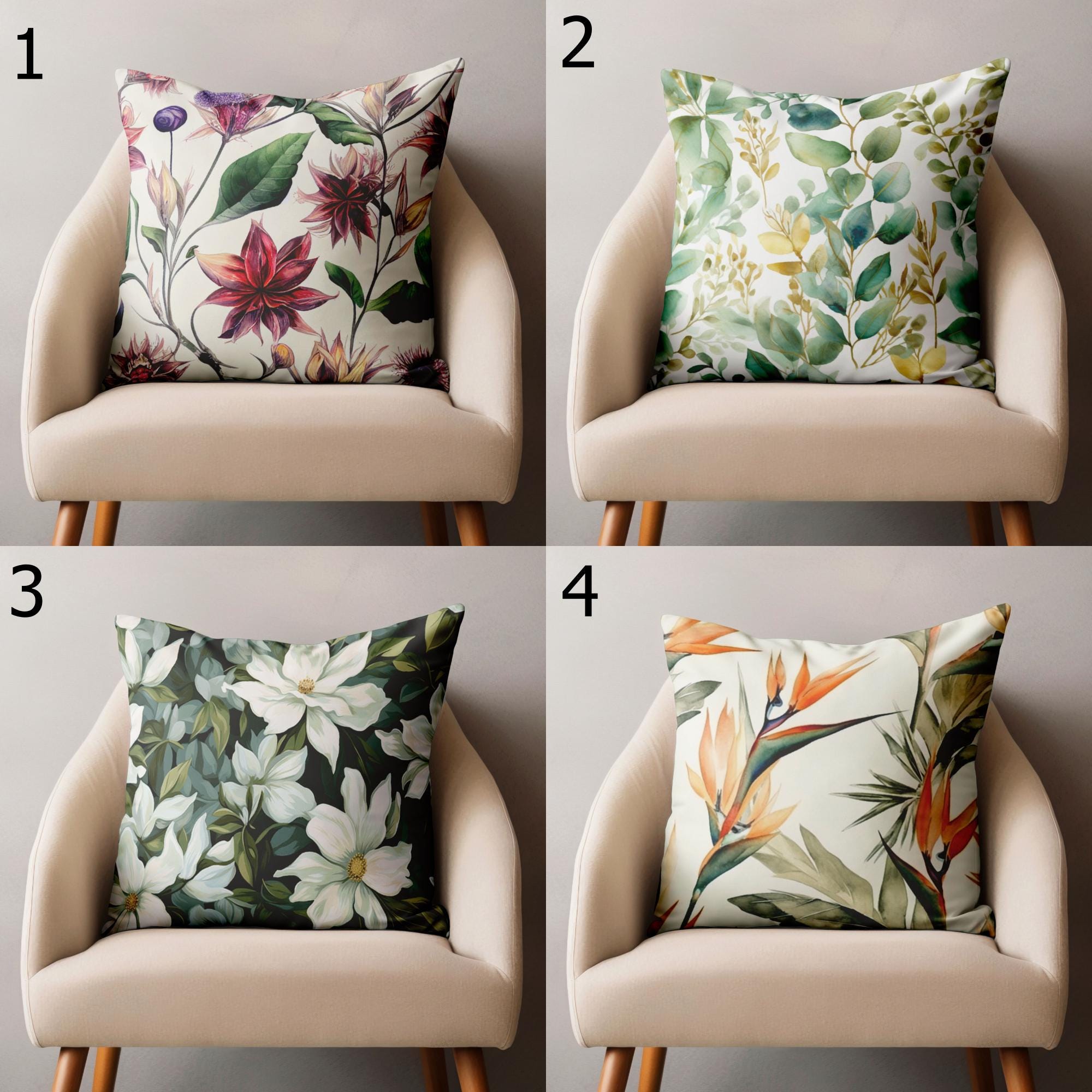 Botanical Floral Pillow Covers, Exotic Flowers Cushion Cover, Green Floral Pillowcase, Tropic Flowers Pillow Case,  Floral Home Decor
