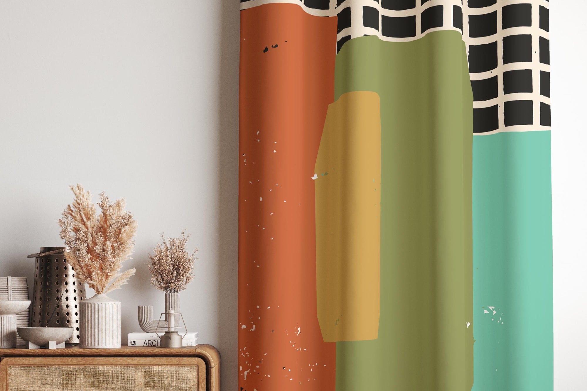Retro Geometric Abstract Curtains, Retro Modern Art Print Drapes, Mid Century Window Curtains, 70s Retro Boho Curtains, MCM Grommet Curtain