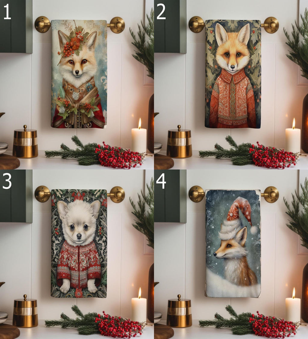 Christmas Fox Tea Towel, Xmas Dog Tea Towels, Cute Fox Dish Towels, Christmas Dog Dish Towel, Xmas Animals Tea Towel, Winter Animals Towels