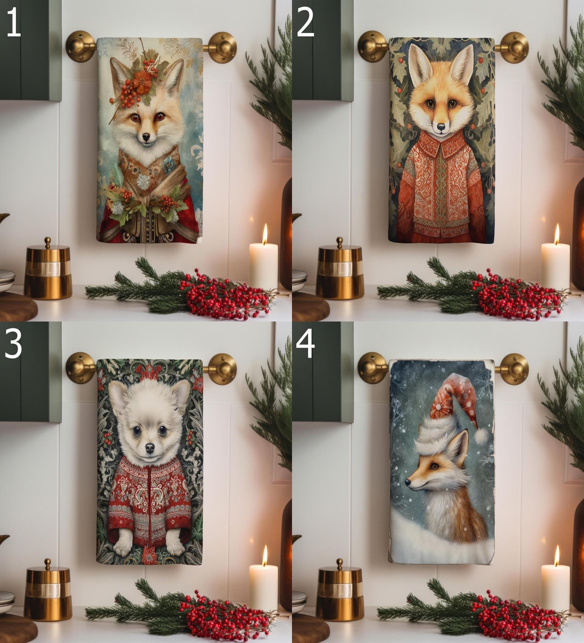 Christmas Fox Tea Towel, Xmas Dog Tea Towels, Cute Fox Dish Towels, Christmas Dog Dish Towel, Xmas Animals Tea Towel, Winter Animals Towels