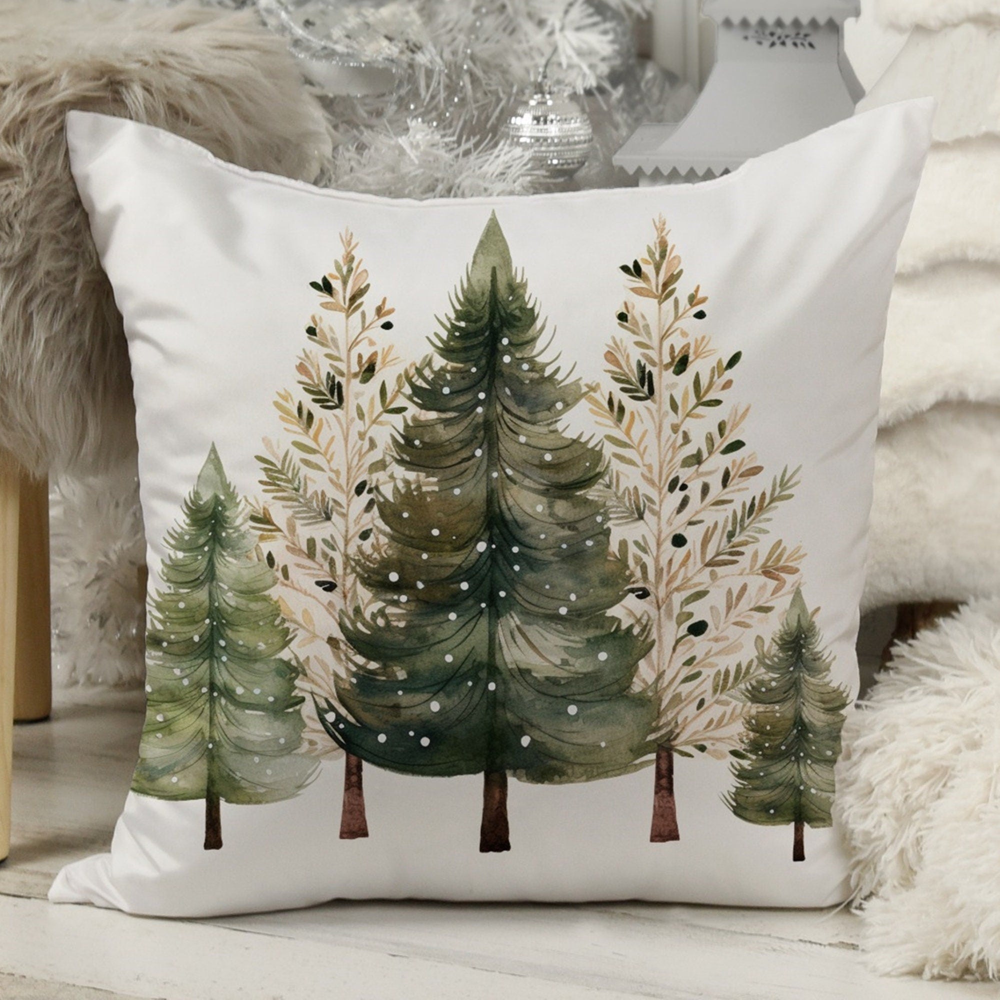 Christmas Green Pine Trees Pillow Covers, Xmas Pine Throw Pillow Cover, Winter Holly Trees Cushion Covers, Christmas Home Decor Pillow
