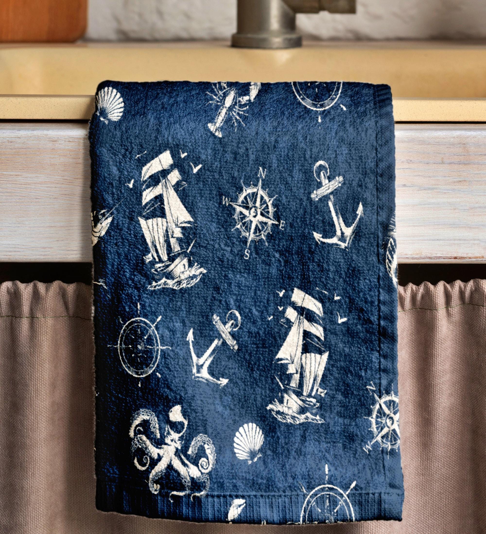 Marine Tea Towels, Vintage Sailing Ship Dish Towels, Nautical Kitchen Gifts, Navy Nautical Hand Towels, Marine Kitchen Fingertip Towels