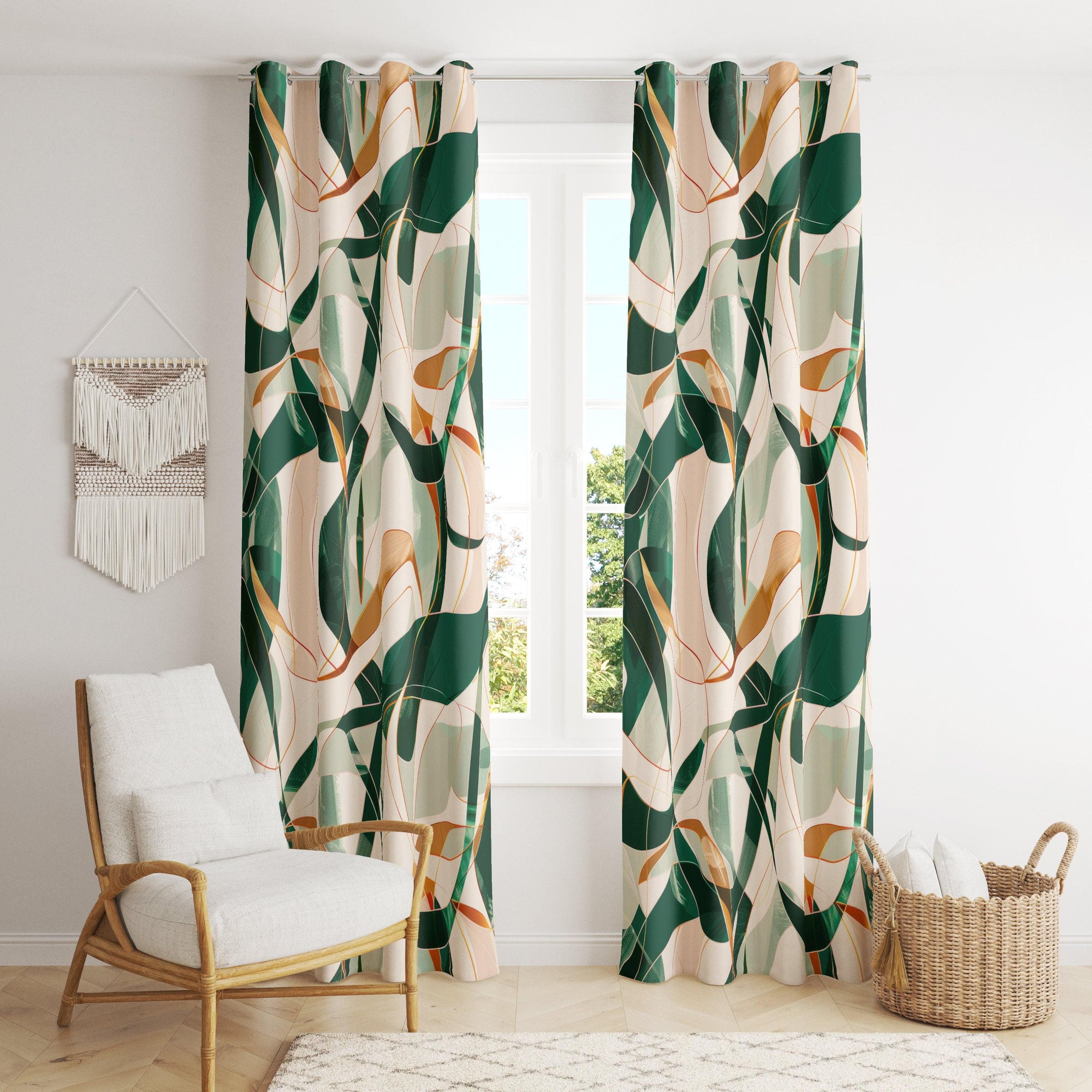 Abstract Curtain Panels, Green Orange Modern Abstract Print Curtains, Emerald Lines Abstract Style Living Room Drapes