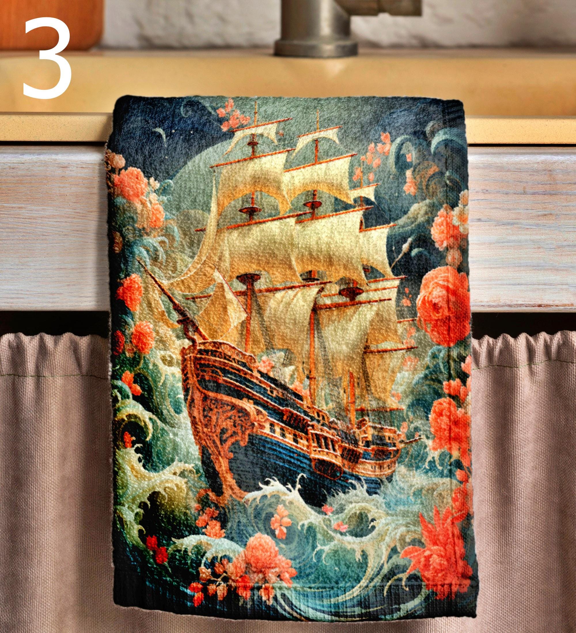 Sailor Tea Towels, Vintage Sailing Ship Dish Towel, Nautical Kitchen Towels, Nautical Hand Towels, Old Sailboat Kitchen Fingertip Towels