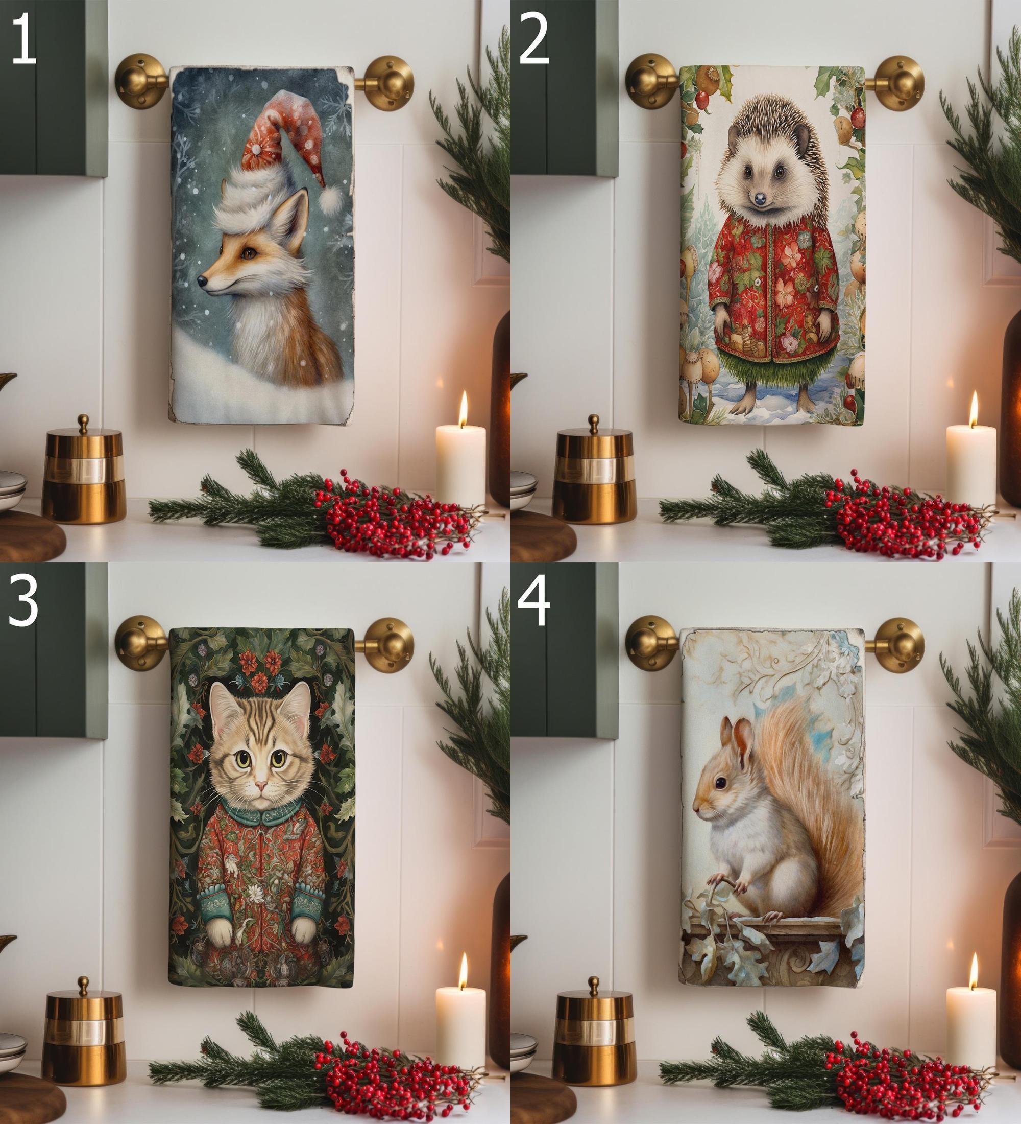 Christmas Fox Tea Towel, Xmas Cat Tea Towel, Cute Fox Dish Towels, Christmas Squirrel  Dish Towel, Xmas Hedgehog Tea Towel, Xmas Decor Towel