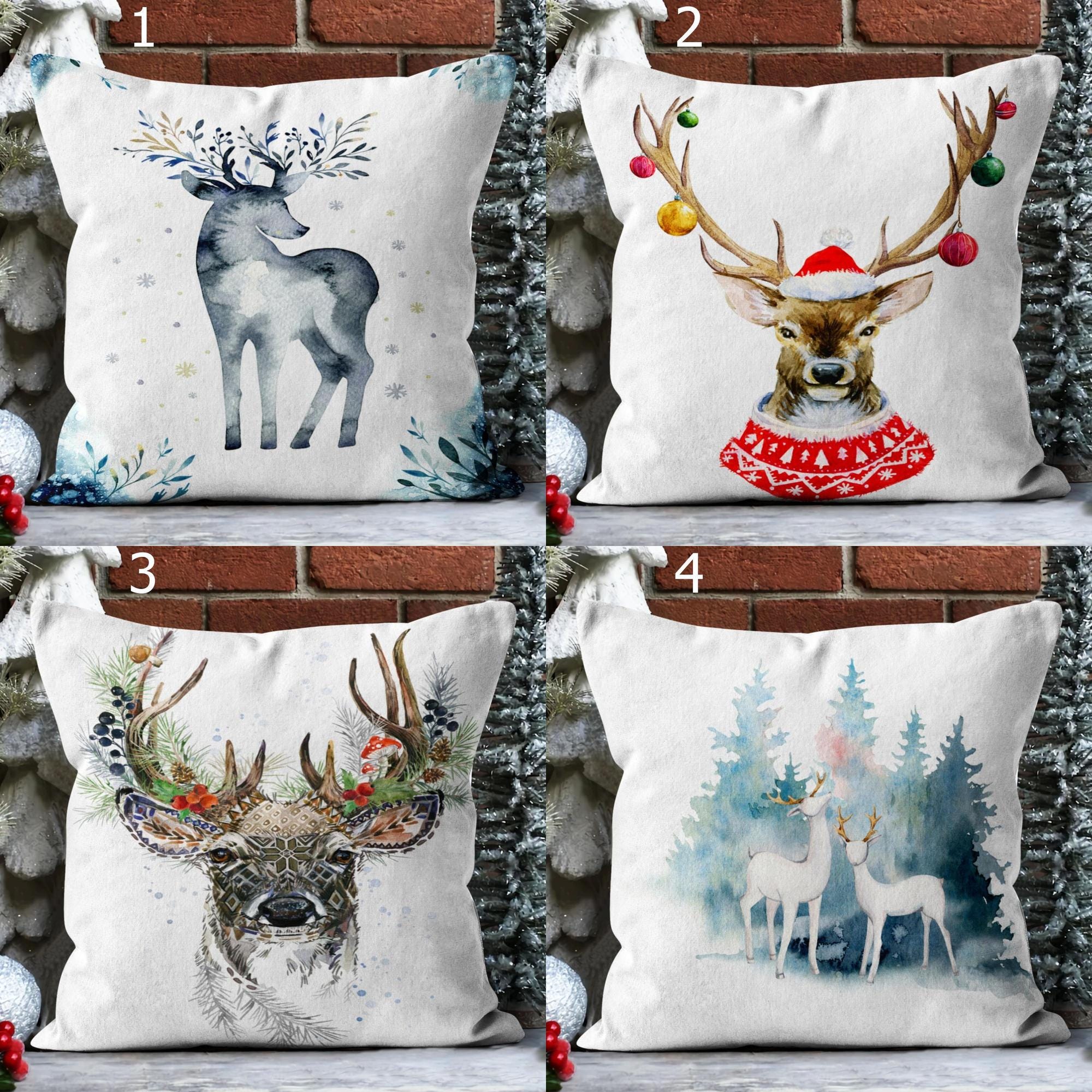 Merry Christmas Cushion Cover, Christmas Cute Deer Throw Pillow Cover, Xmas Reindeer Pillowcase, Winter Holiday Deer Pillow Covers