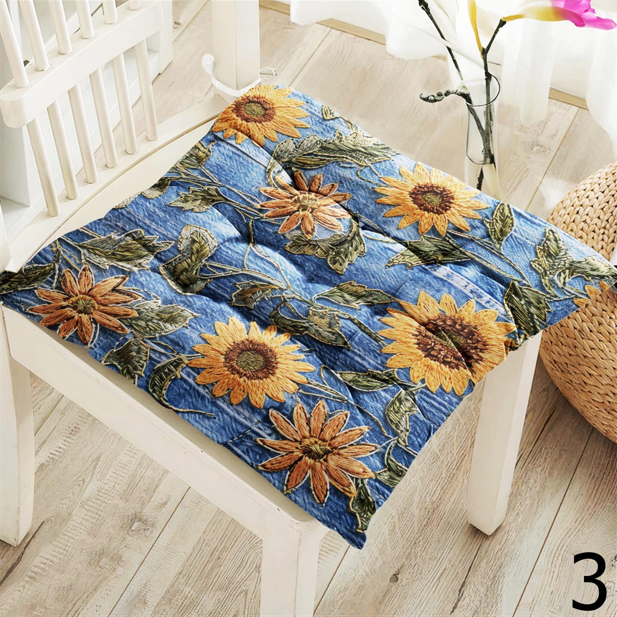 Floral Chair Pads, Sunflower & Daisy Seat Cushions, Colorful Flower Kitchen Patio Pillows, Multicolored Floral Chair Cushions